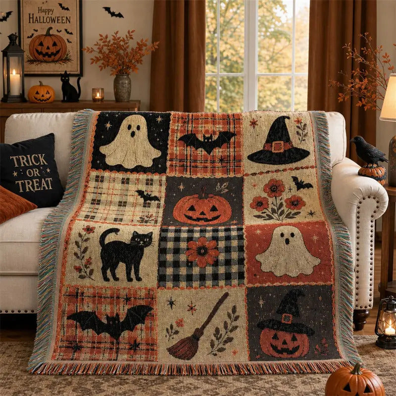 Halloween patchwork throw blanket styled across a sofa in a living room