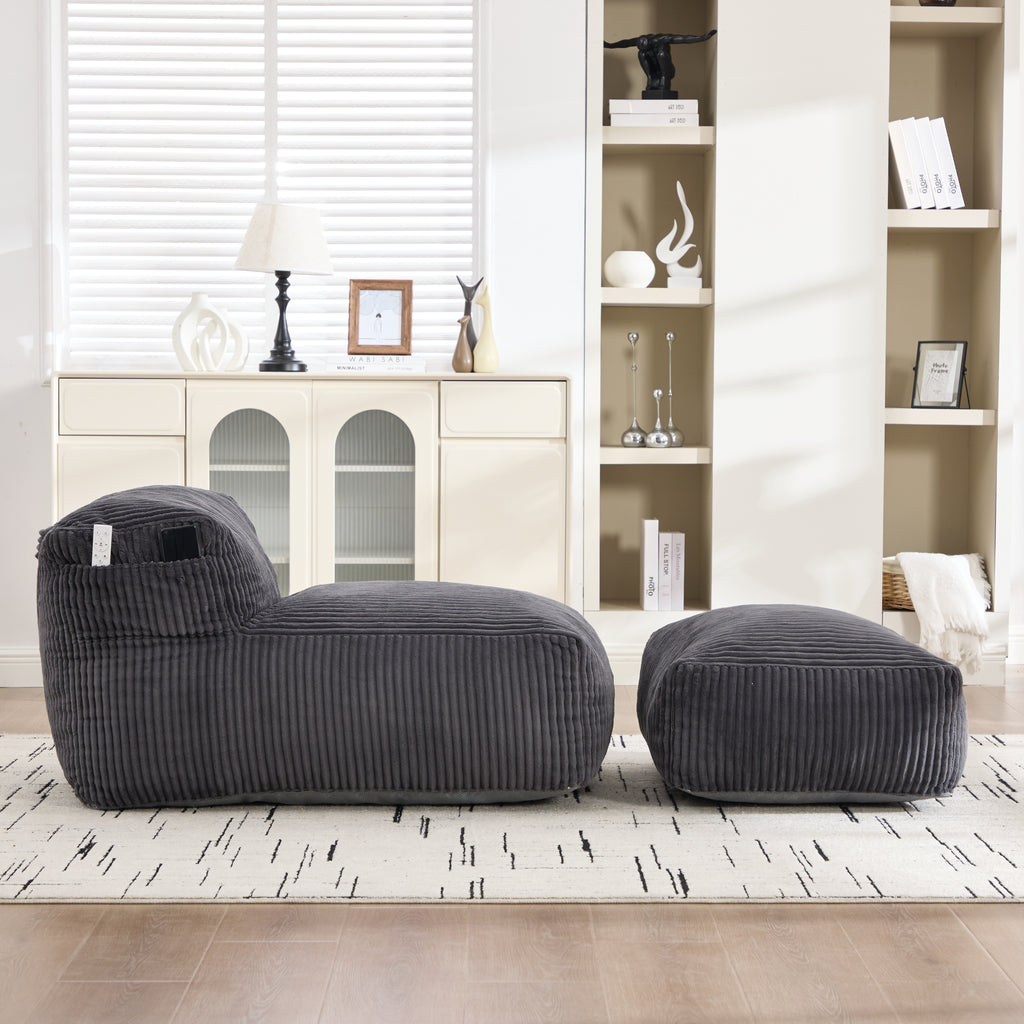Bean bag chair and ottoman arranged together in a styled living space