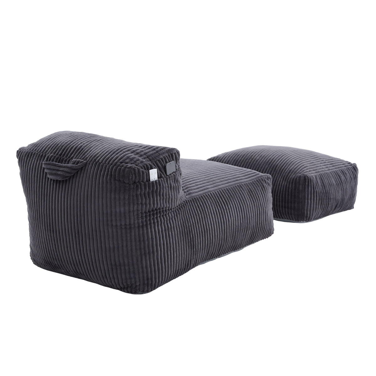 Bean bag chair with ottoman pushed together to form a full lounger