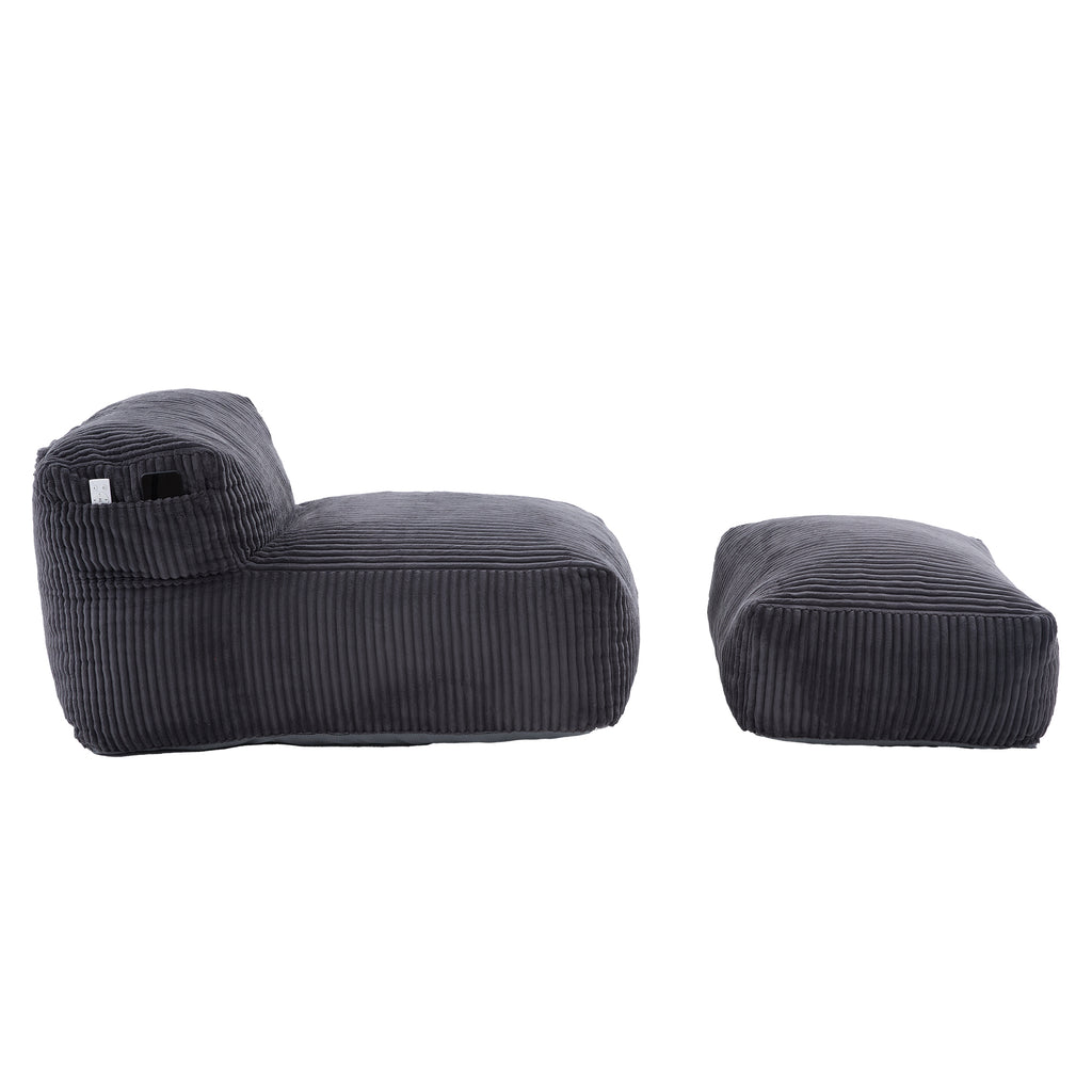 Low profile view of the corduroy bean bag chair and its ottoman