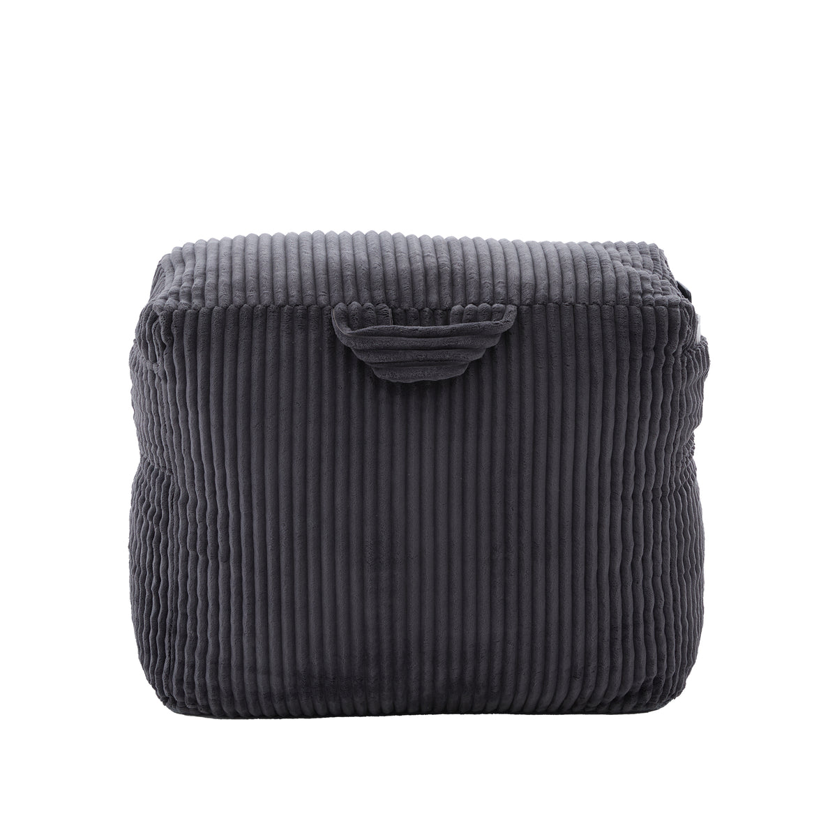 Dark gray corduroy bean bag chair viewed from a front three-quarter angle