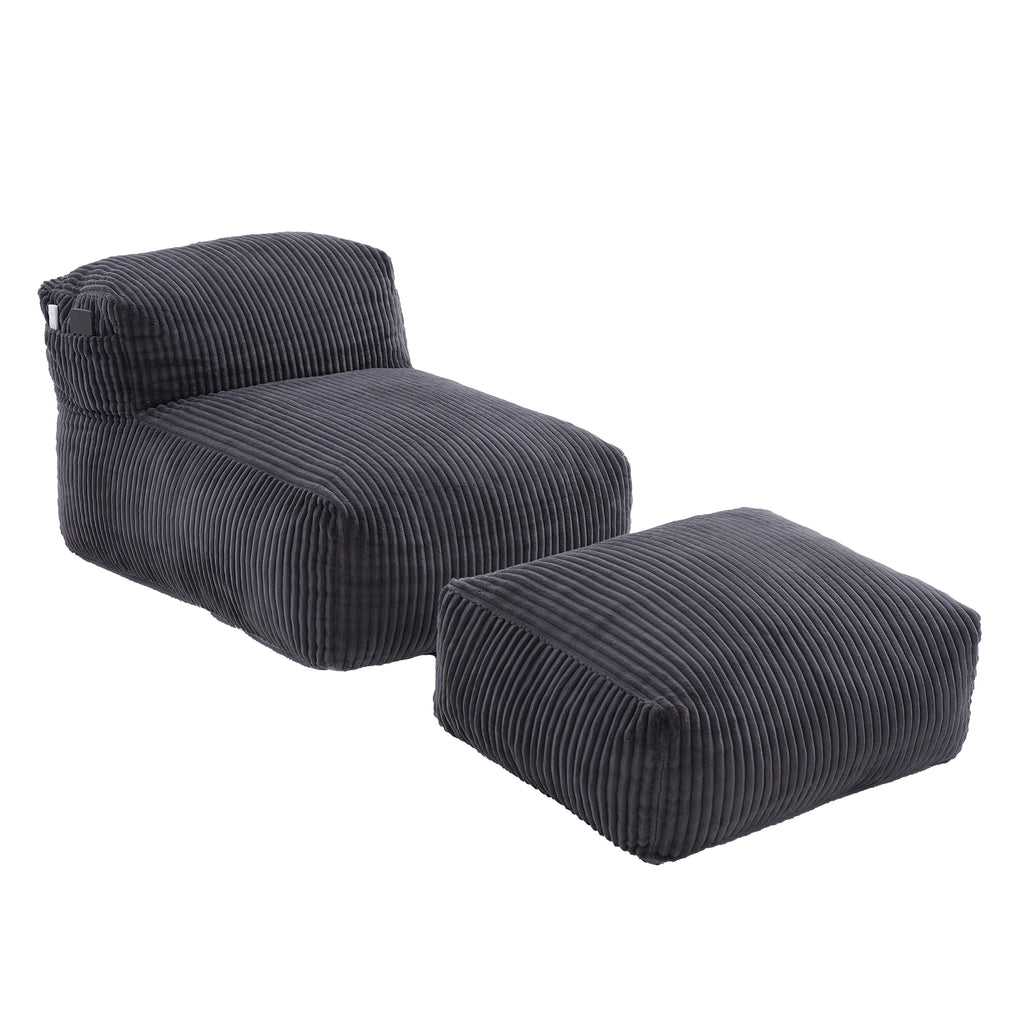Corduroy bean bag chair beside its matching ottoman on a plain background