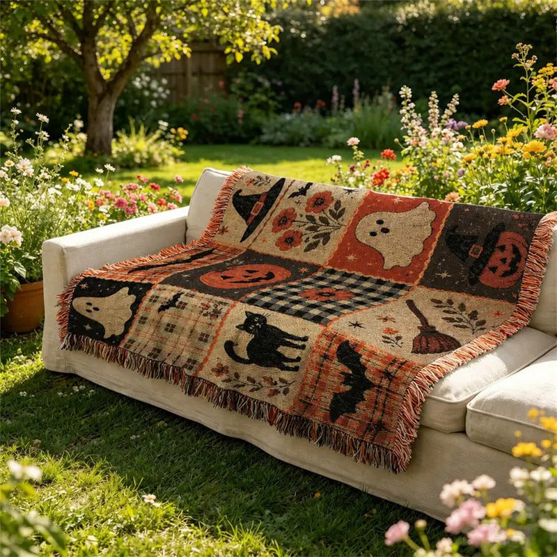 Patchwork Halloween blanket draped over a sofa with autumn cushions