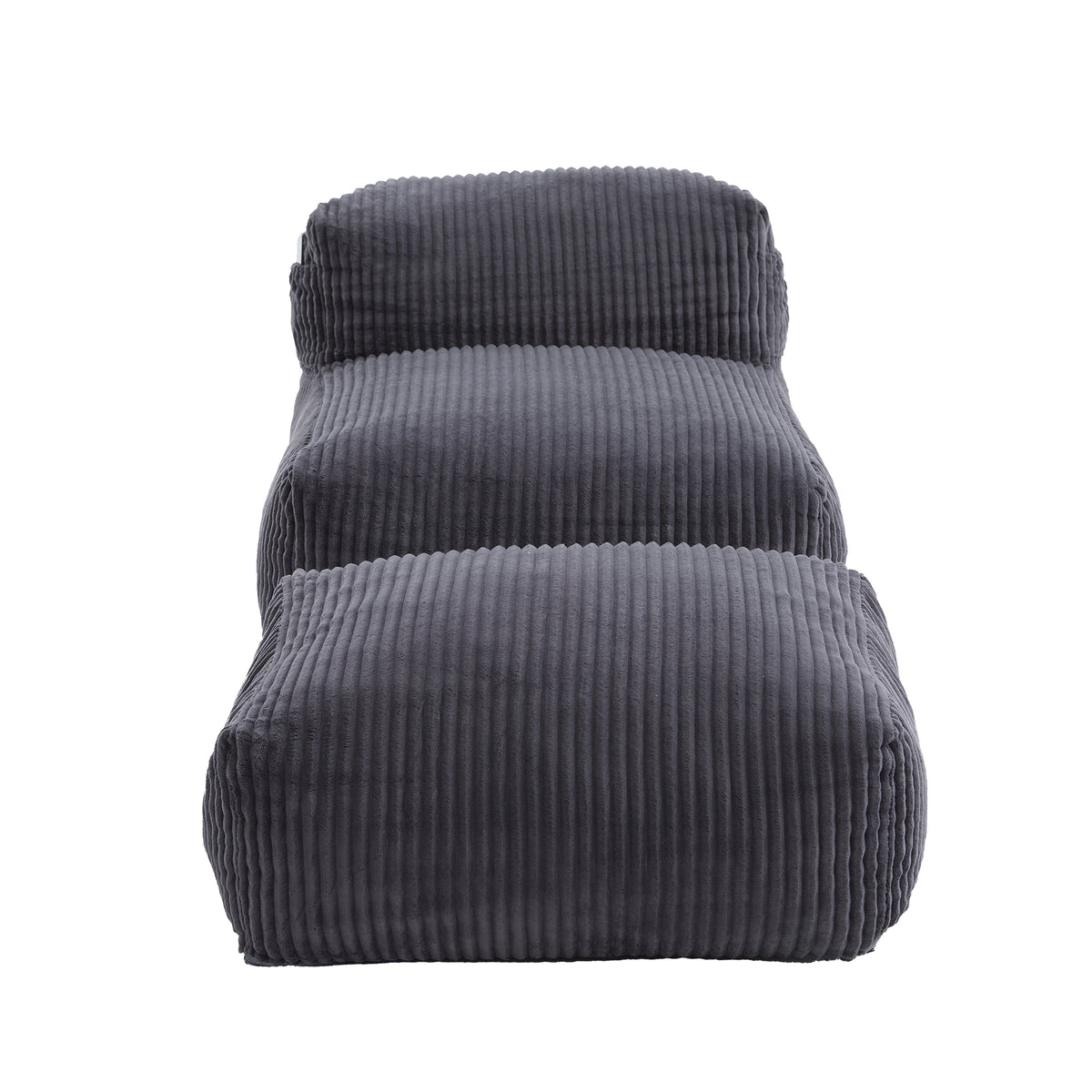Dark gray corduroy bean bag chair seen from the side and rear