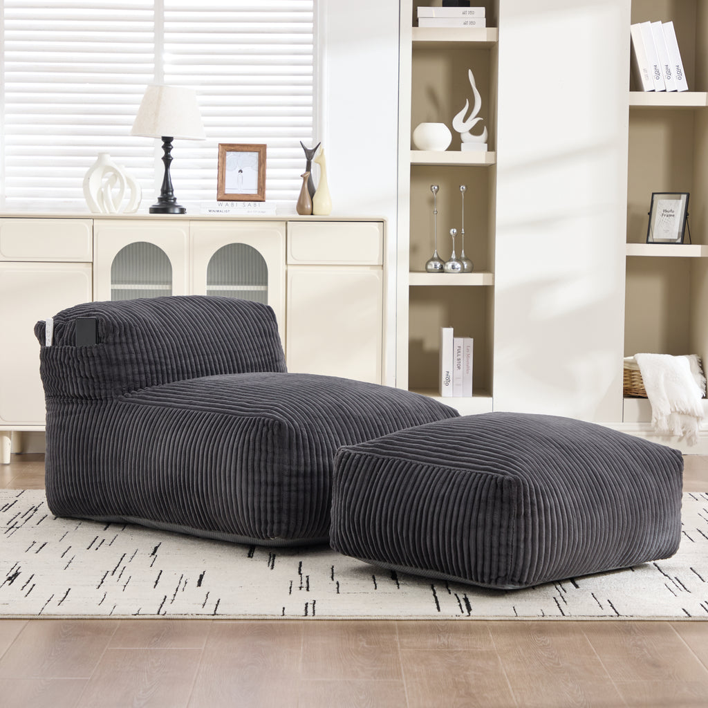 Bean bag chair reclined into a lounger with the ottoman extended