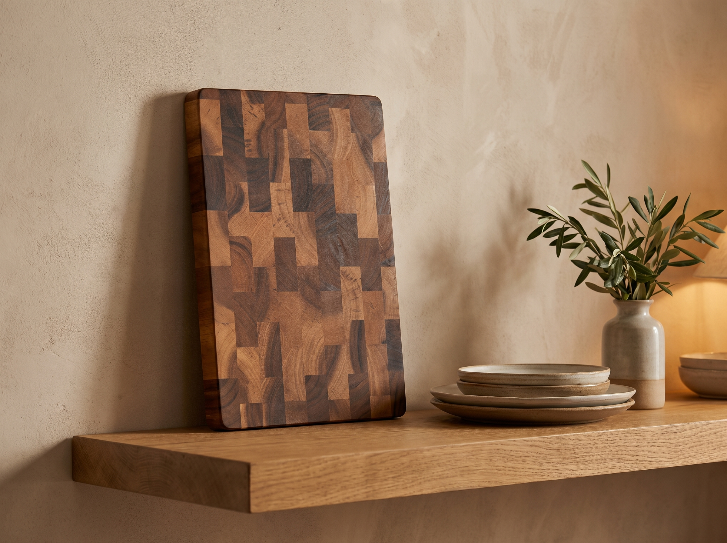 Acacia chessboard grid board leaning on a kitchen shelf beside ceramic crockery