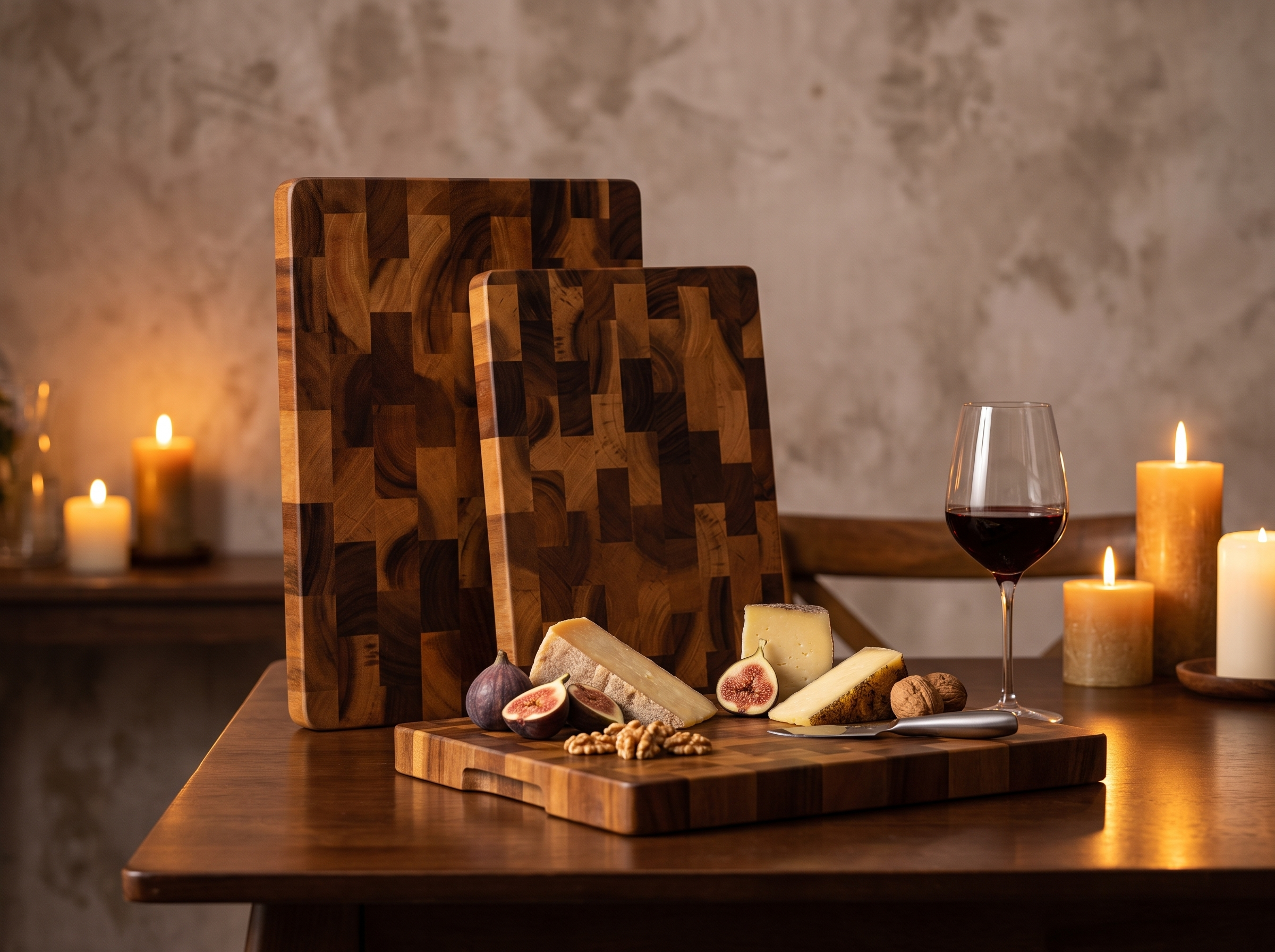 Acacia chessboard grid cutting board styled as a cheese and charcuterie board on a dining table