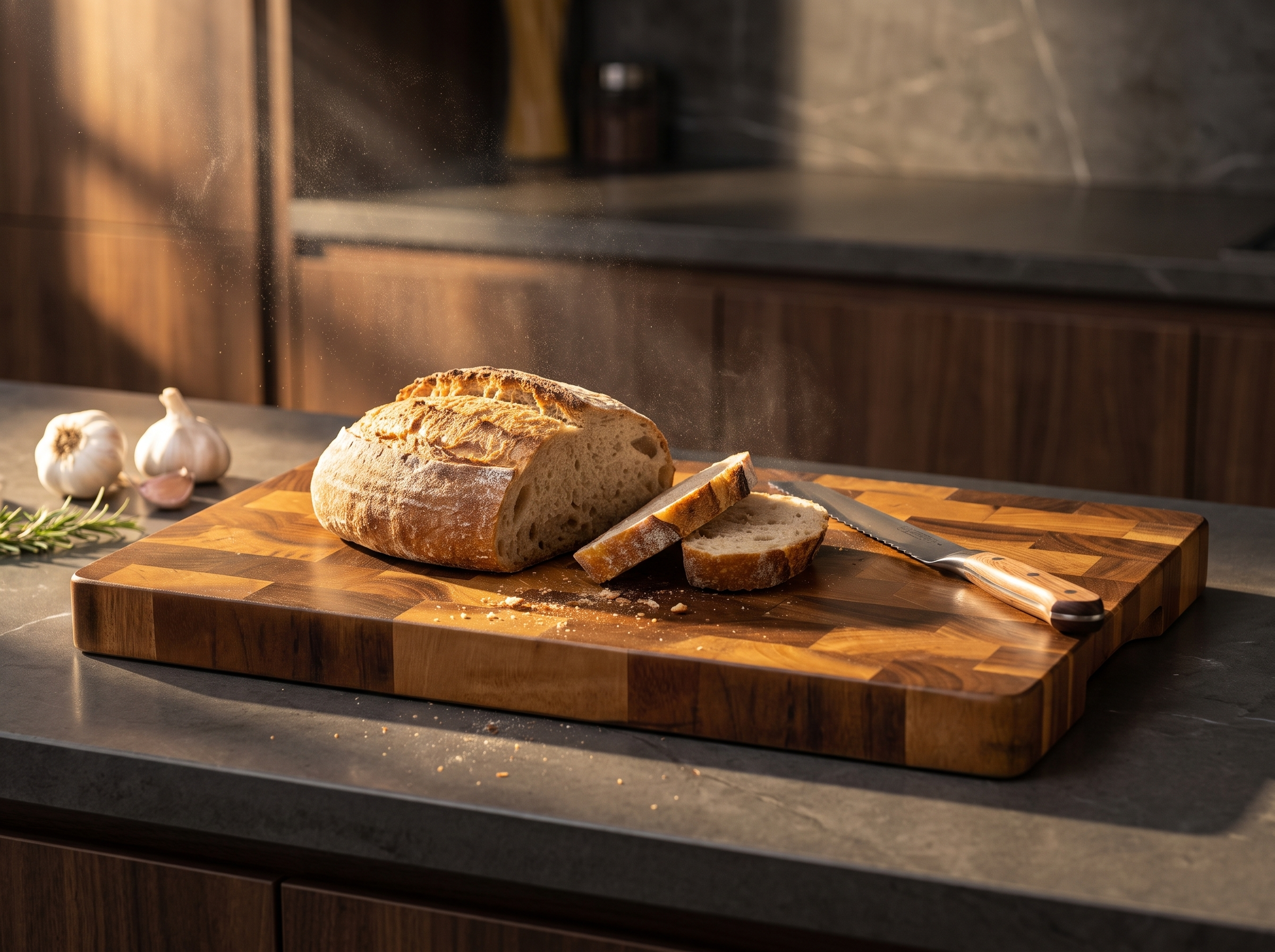 Acacia wood cutting board on a stone kitchen counter with a crusty loaf and bread knife