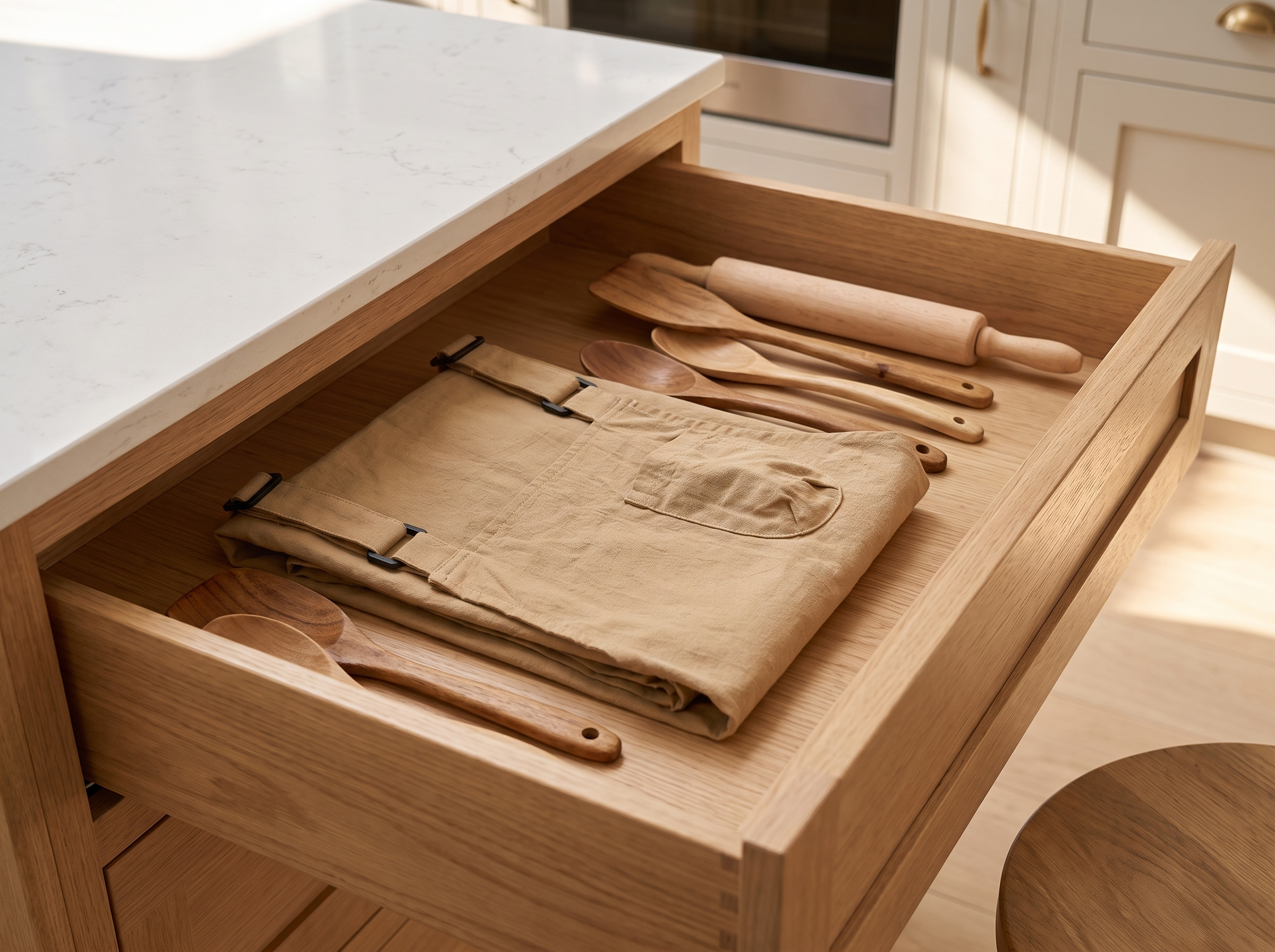 Thin kitchen apron folded neatly in an open kitchen drawer beside wooden utensils