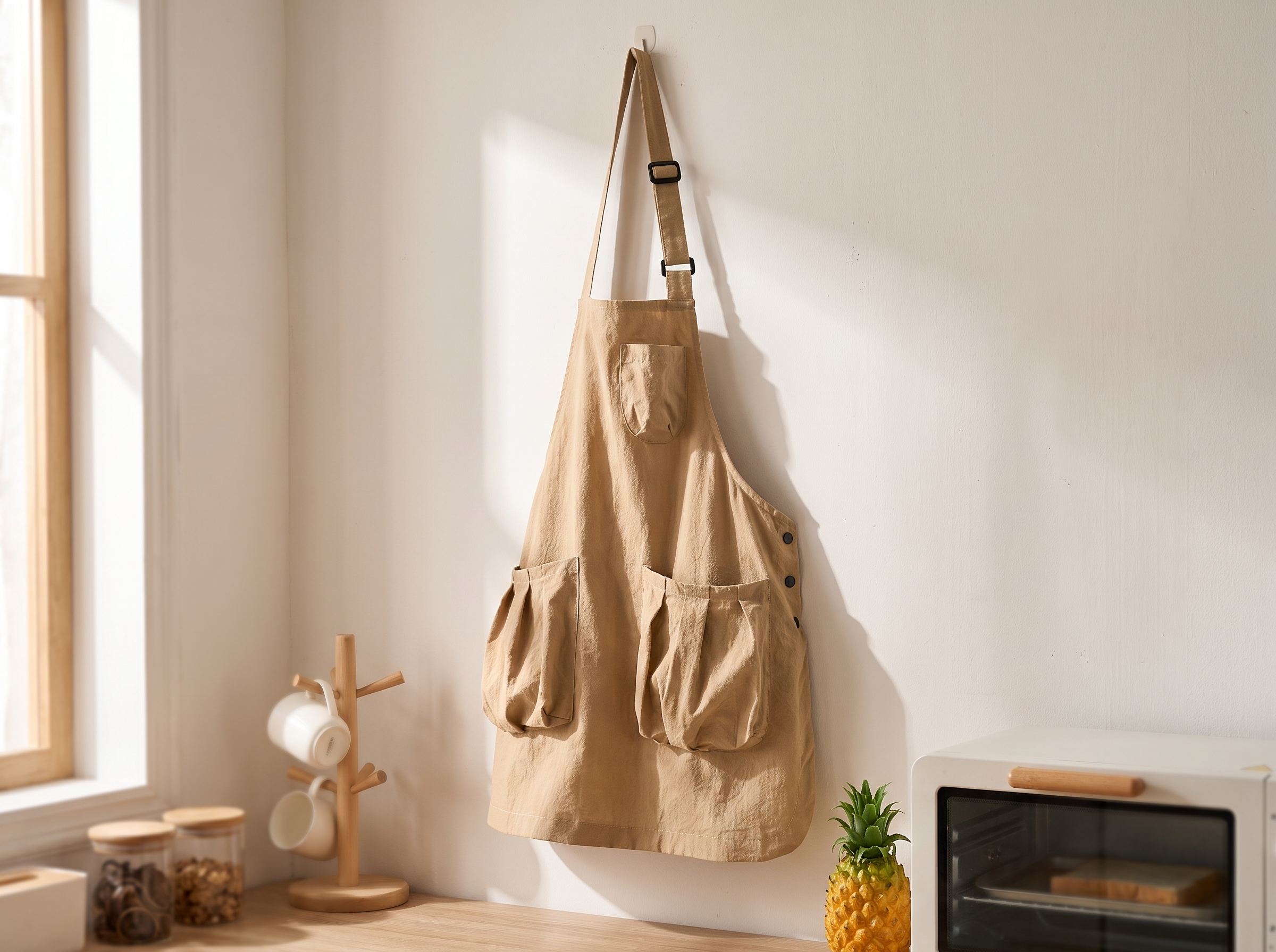 Adjustable kitchen apron hanging with the neck strap slider visible against a pale kitchen wall