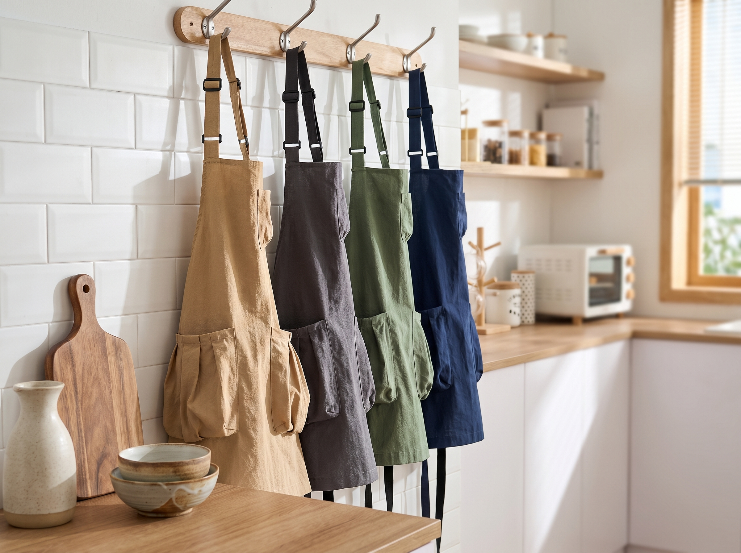 Kitchen aprons in different colors hung in a row on wall hooks in a bright modern kitchen