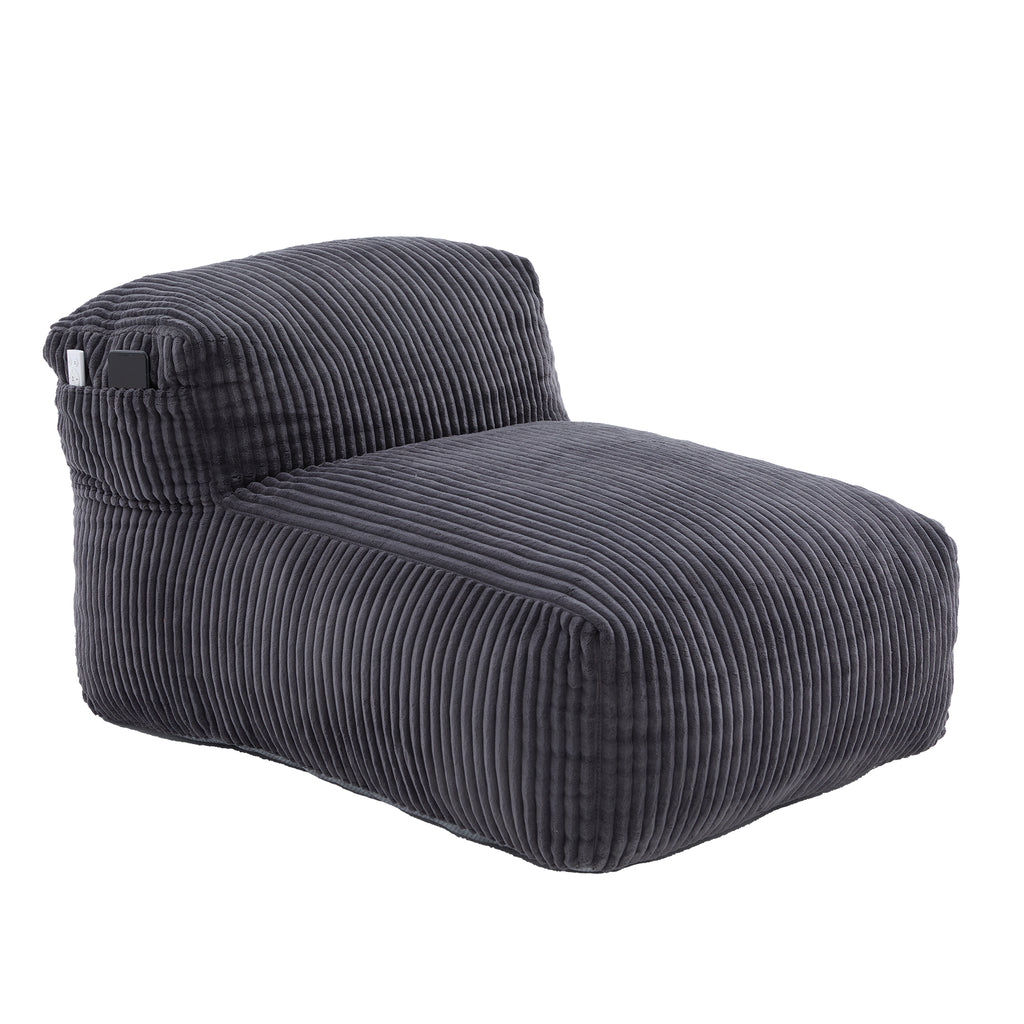 Side profile of the dark gray corduroy bean bag chair and backrest