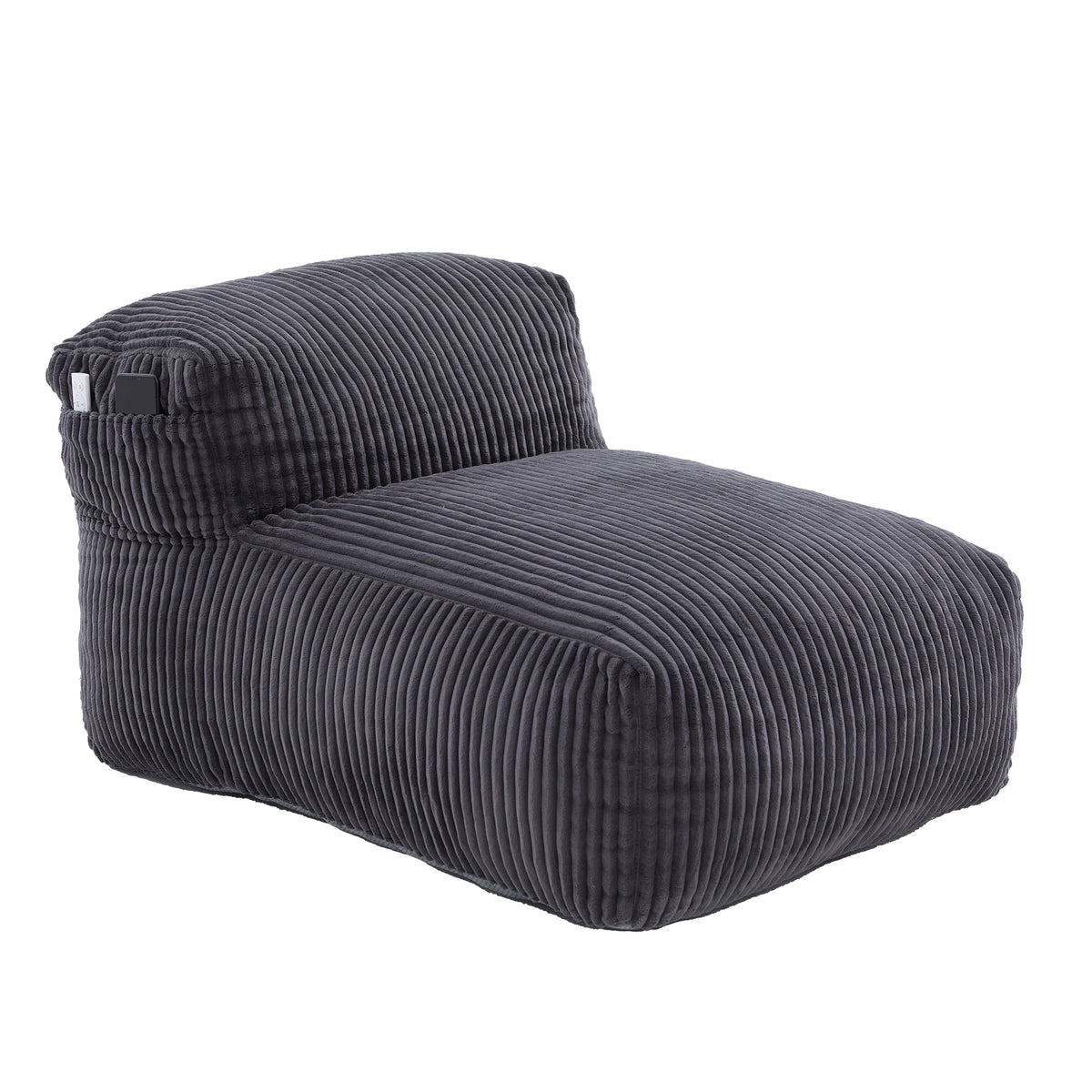 Side profile of the dark gray corduroy bean bag chair and backrest