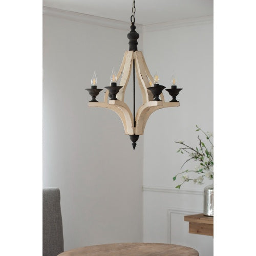 Cream distressed wood six-light chandelier