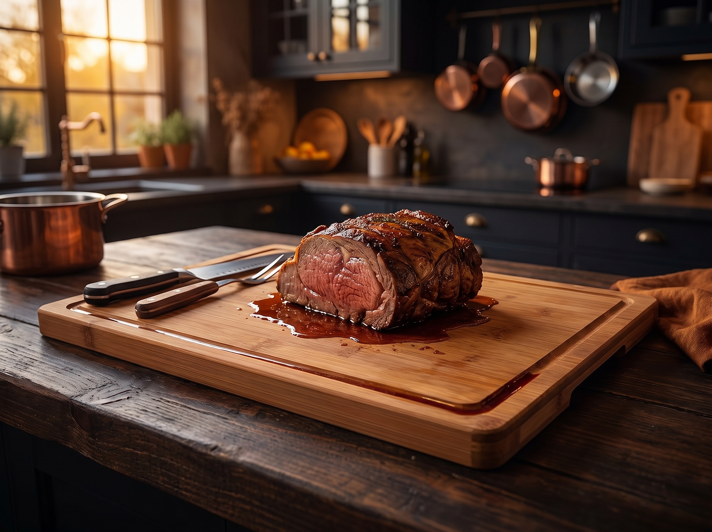 Large carbonized bamboo butcher block with deep juice groove holding a carved roast