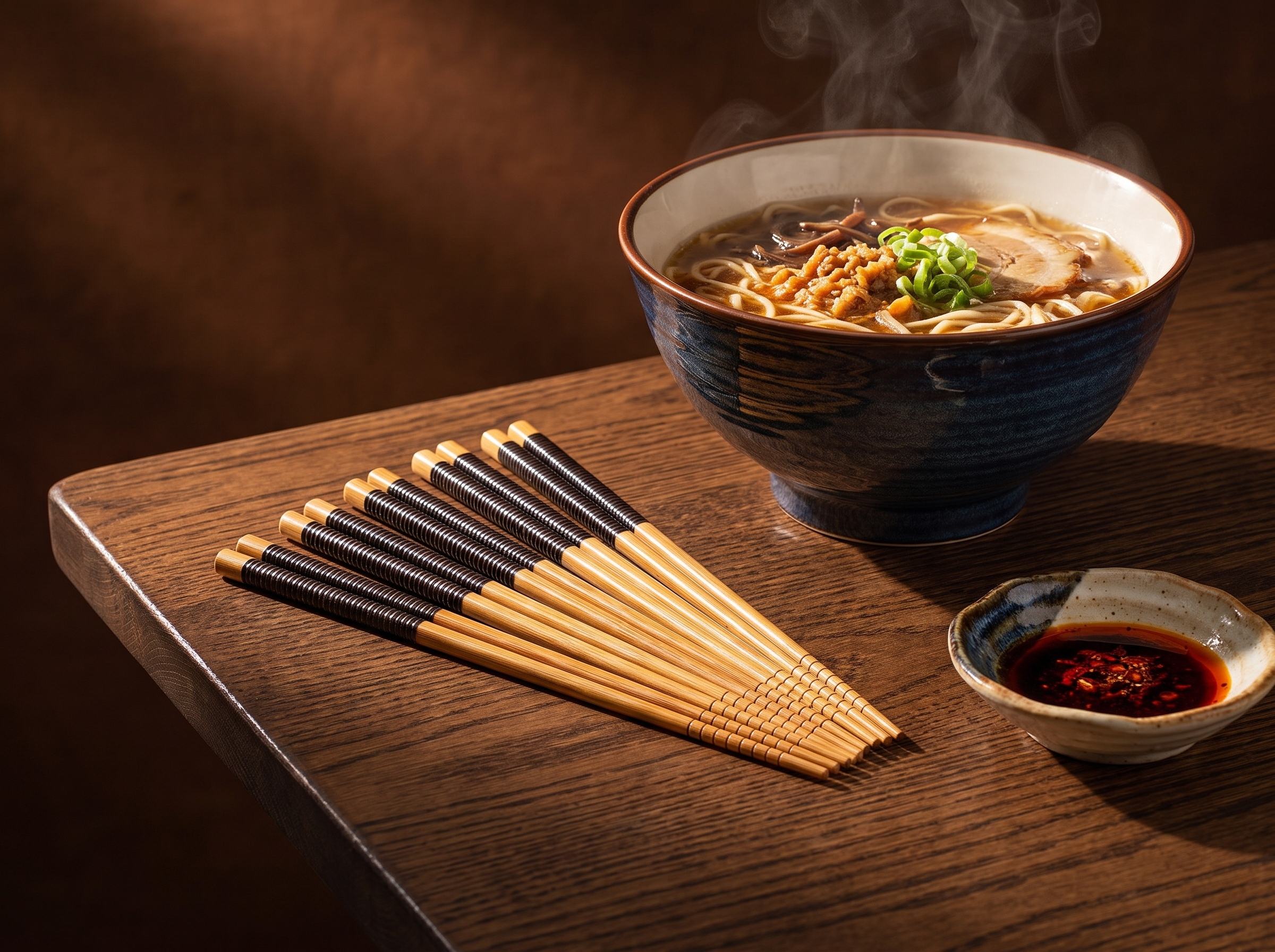 Five pairs of polished bamboo chopsticks resting beside a dark ceramic bowl on a wooden table