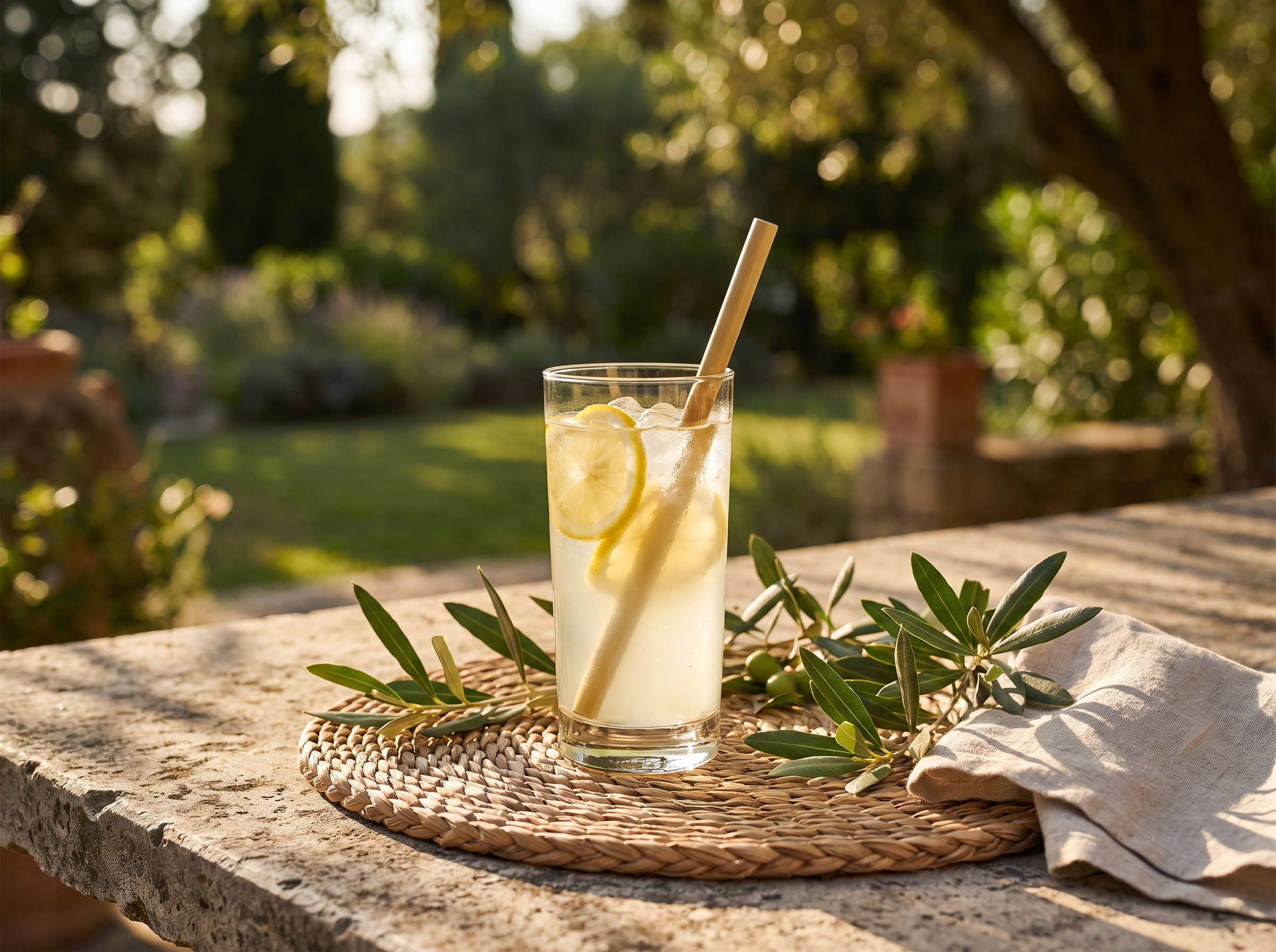 Bamboo straw in a chilled drink on a stone outdoor terrace table with greenery