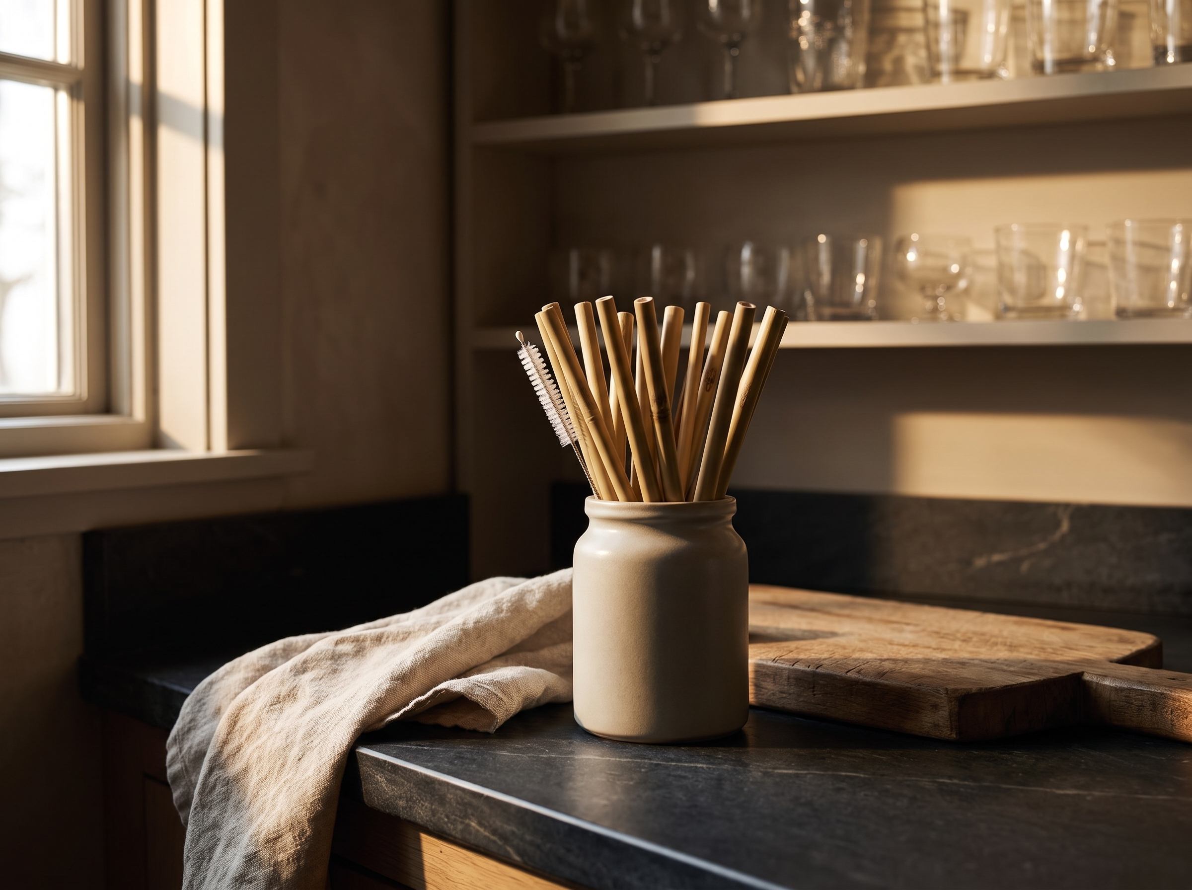 Bundle of natural bamboo straws standing in a ceramic jar on a dark kitchen counter