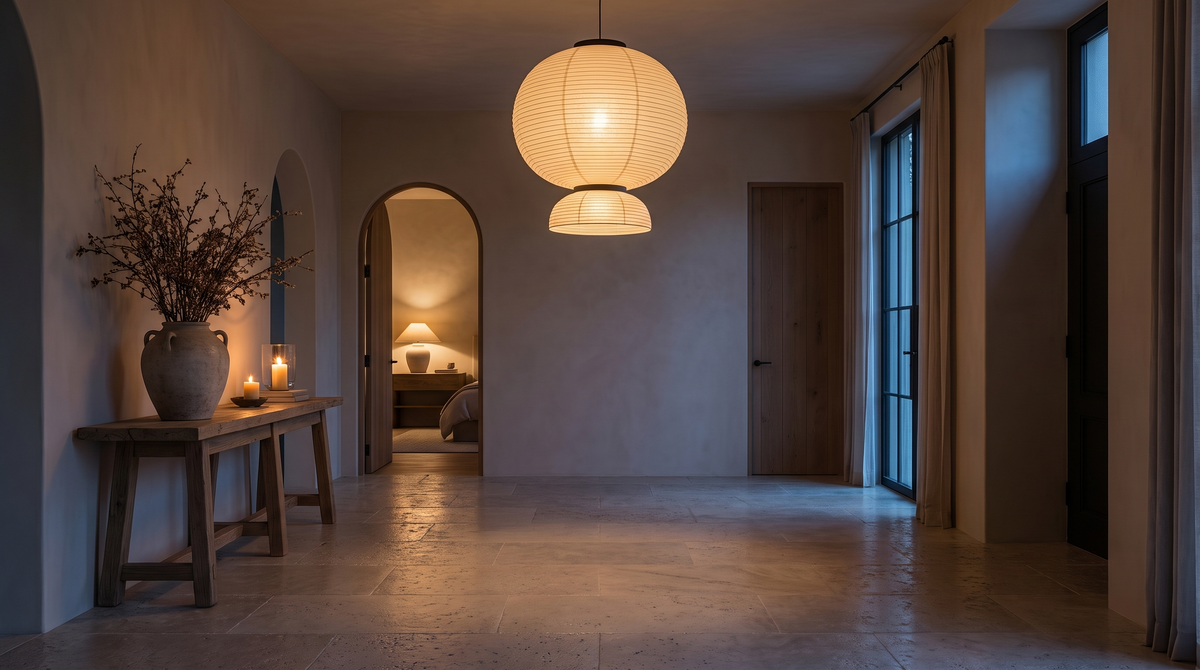 Entry foyer at dusk lit by a tiered lantern chandelier