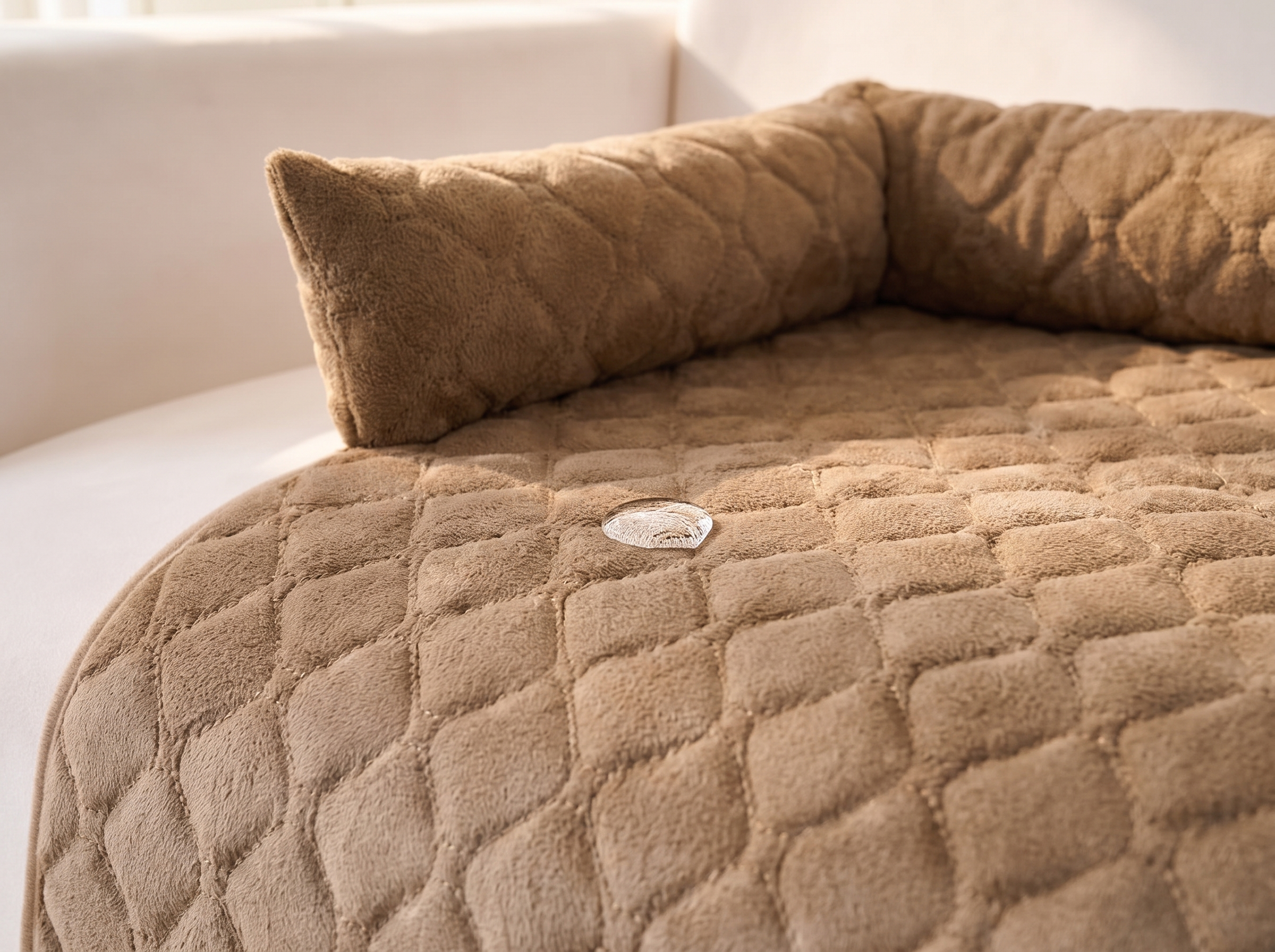 Close detail of the dog bed suede surface with a water droplet beading on the fabric in soft daylight