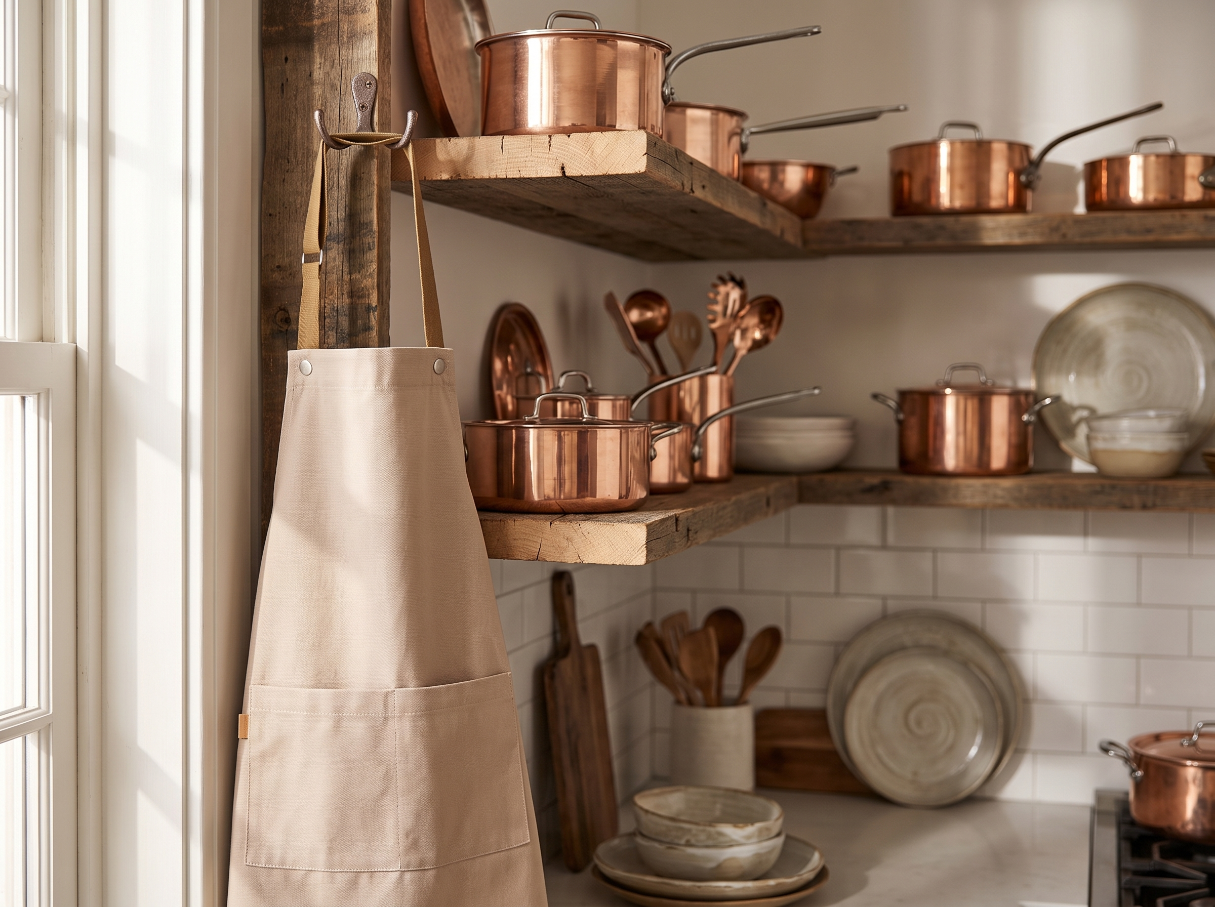 Canvas apron hanging on a hook beside a professional kitchen shelf with copper pans in soft daylight