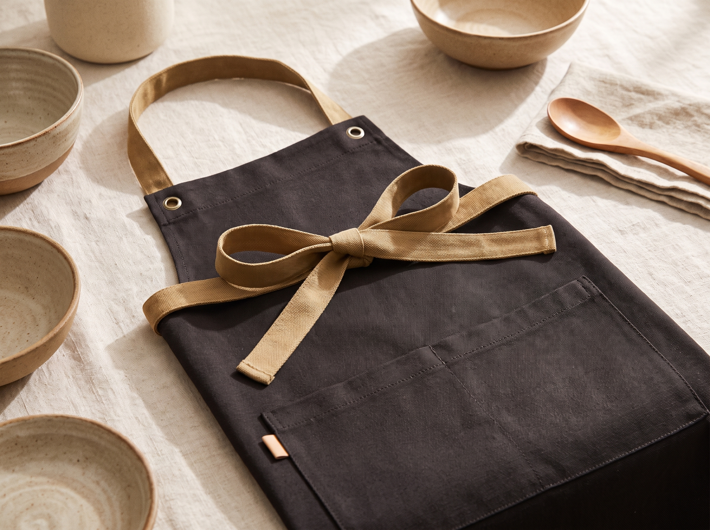 Flat lay of a dark coffee canvas apron with neatly tied straps on a pale linen surface