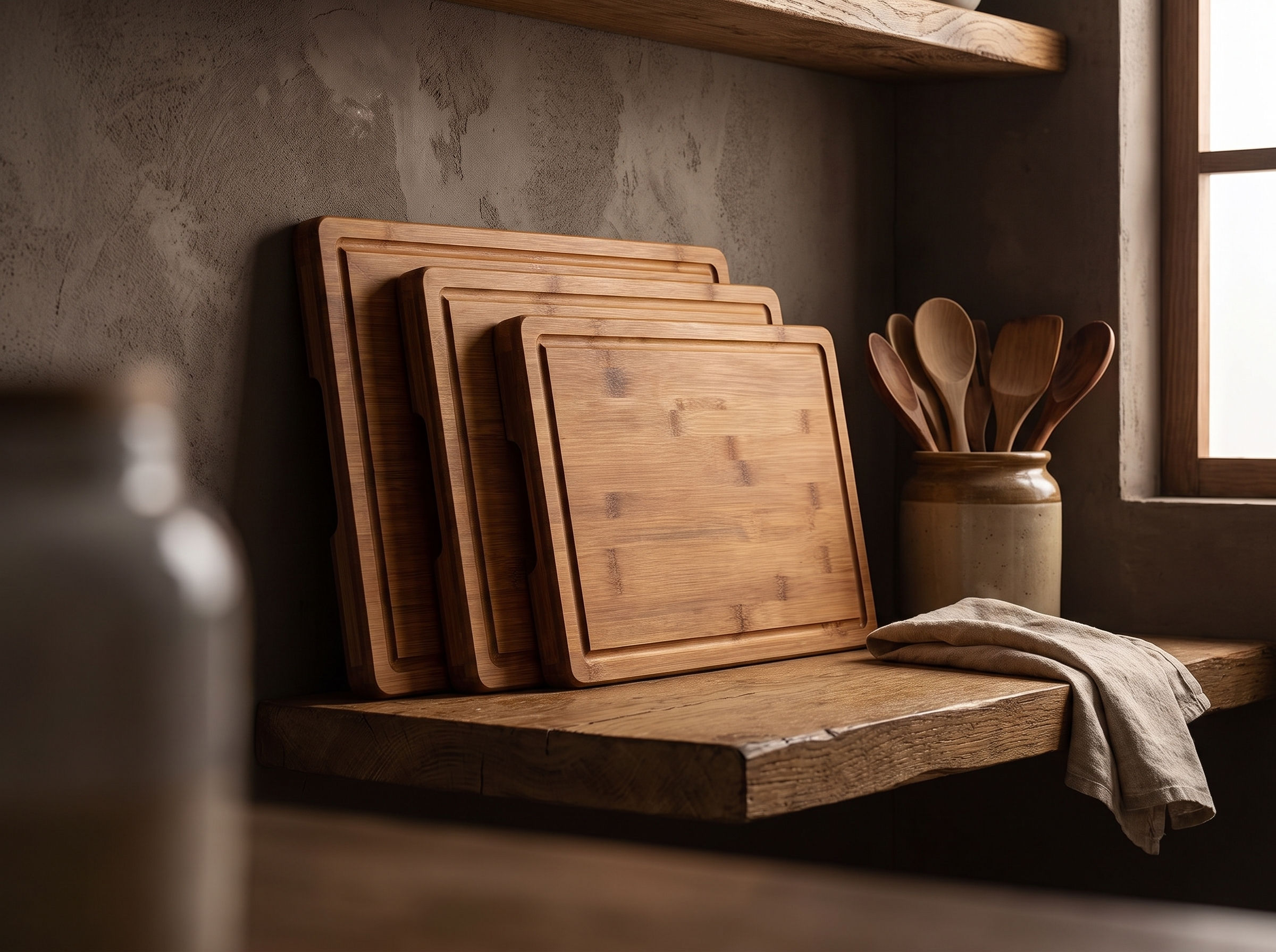 Carbonized bamboo cutting boards leaning against a kitchen wall on an oak shelf