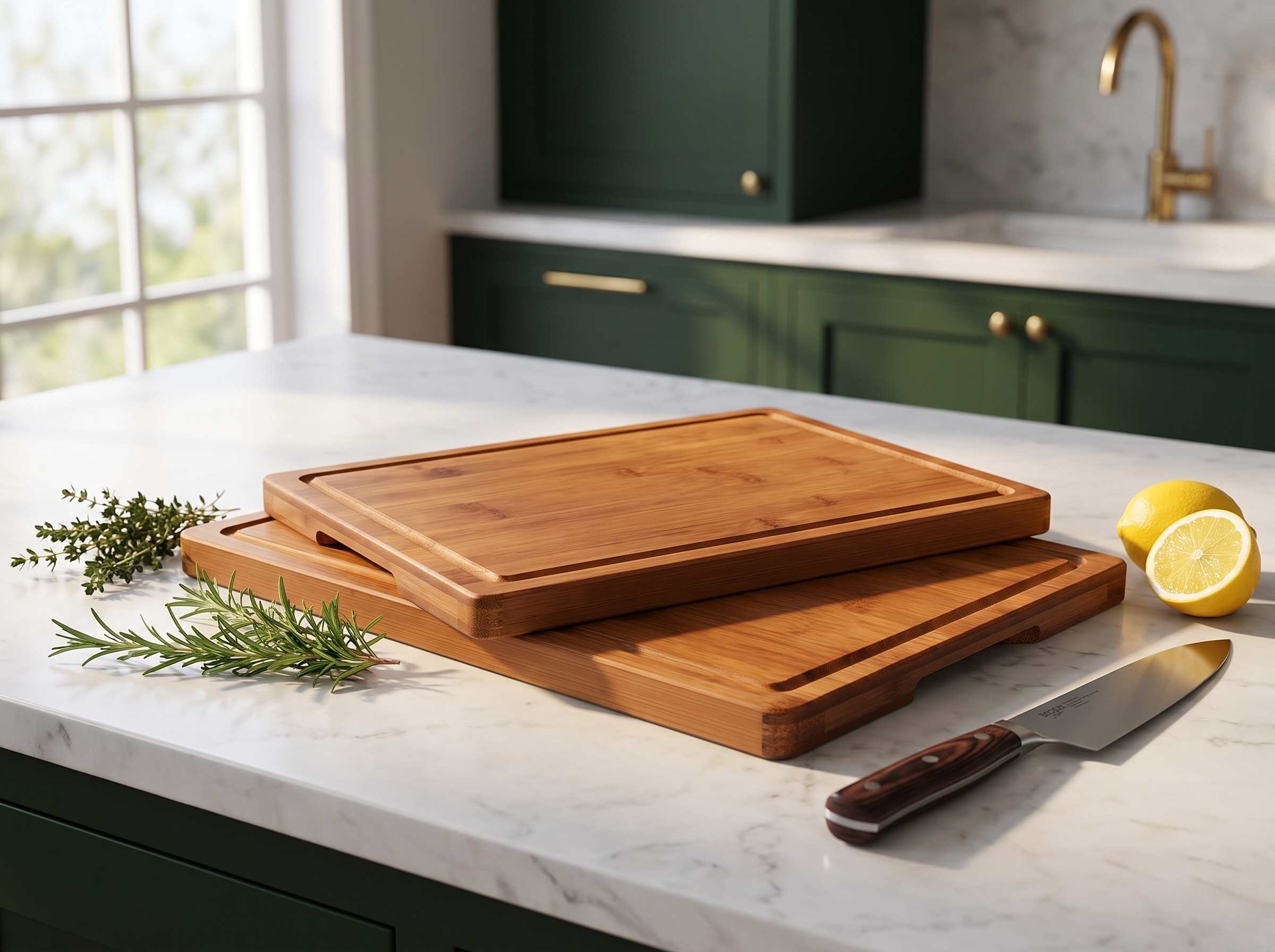 Three carbonized bamboo cutting boards arranged on a marble kitchen counter with fresh vegetables