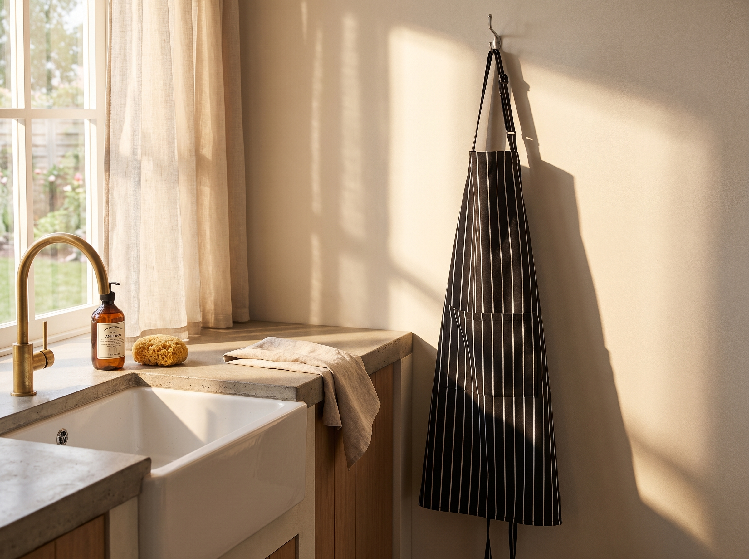 Cooking apron hanging on a hook next to a kitchen sink with morning light across the counter