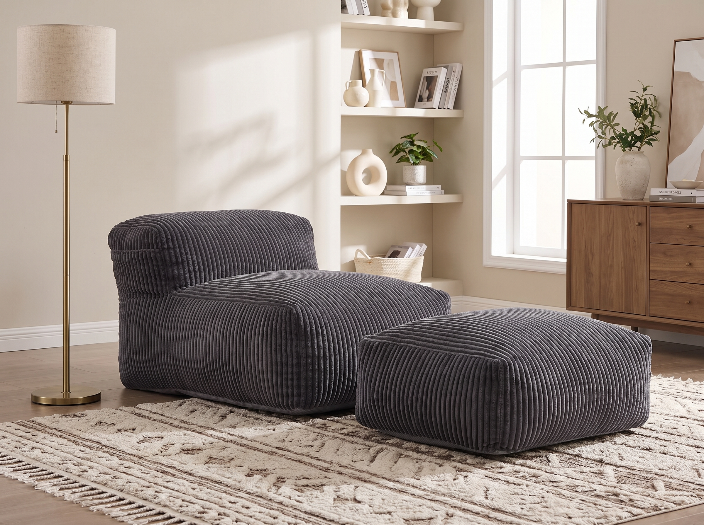 Large dark gray corduroy bean bag chair with ottoman in a modern living room with a floor lamp and rug