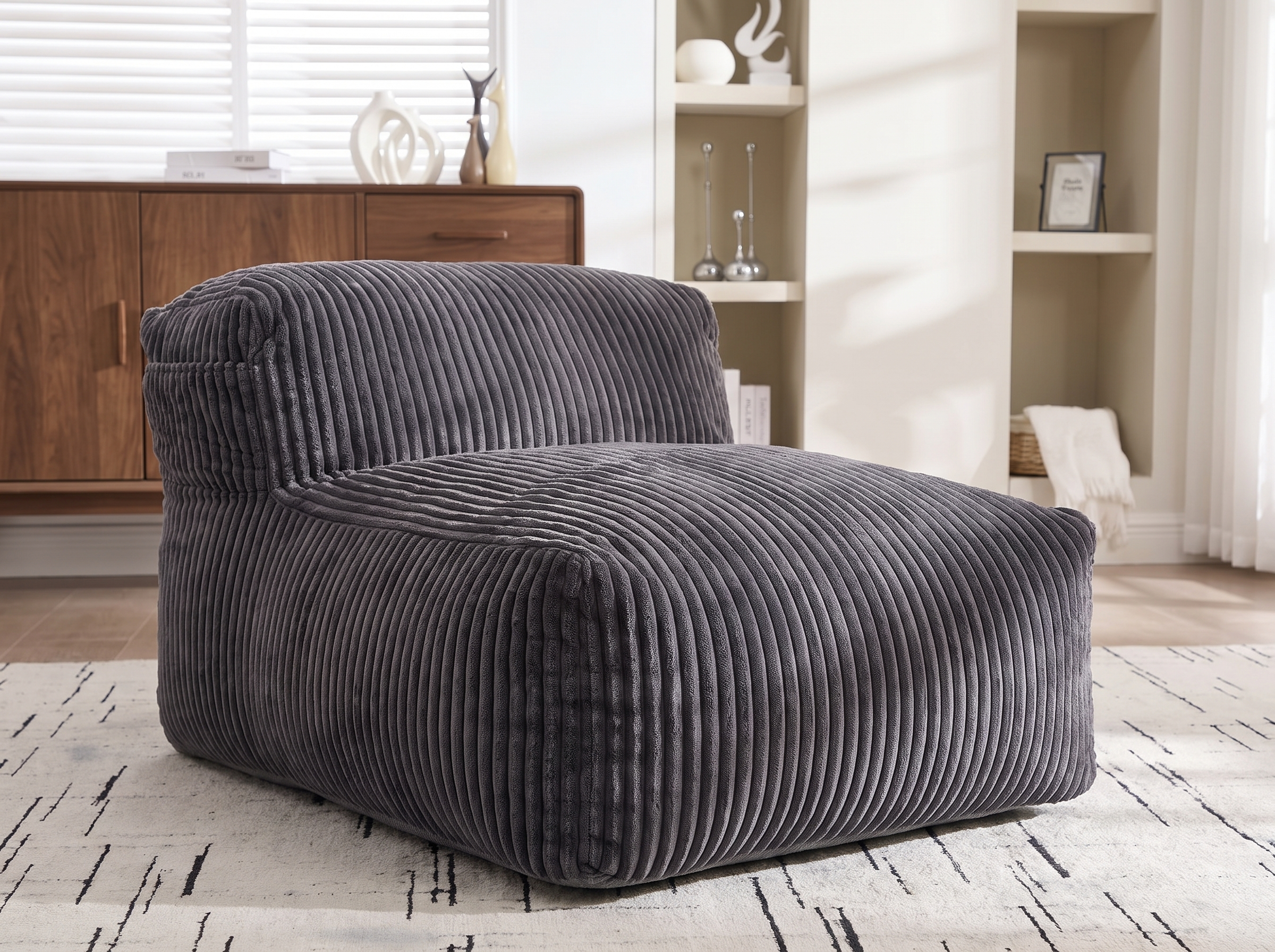 Close detail of the dark gray wide wale corduroy fabric on the bean bag chair in warm light