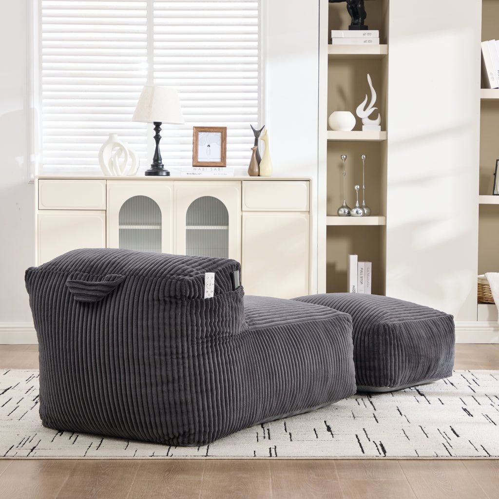 Side view of the bean bag lounger fully extended in a room