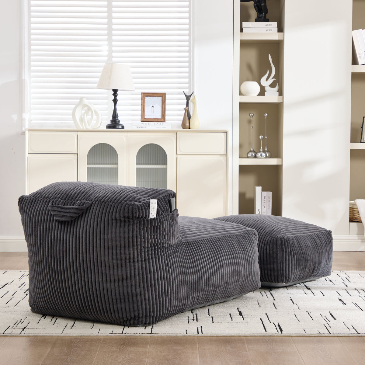 Side view of the bean bag lounger fully extended in a room