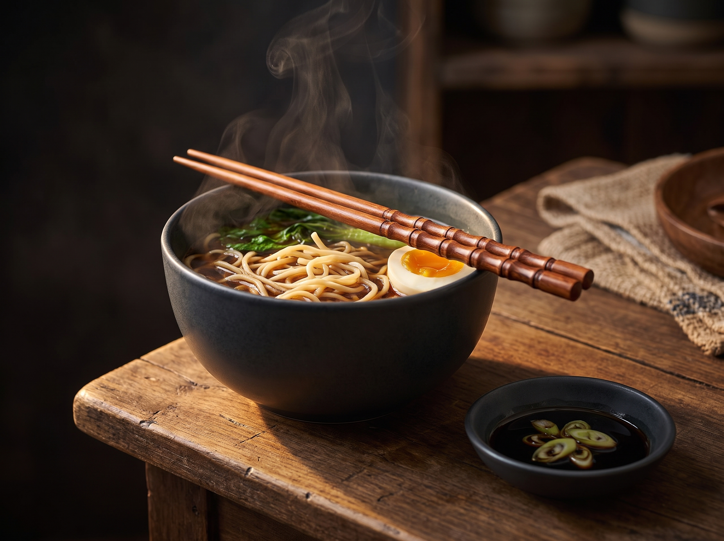 Pair of fired bamboo chopsticks resting across a dark ceramic bowl on a moody wooden table