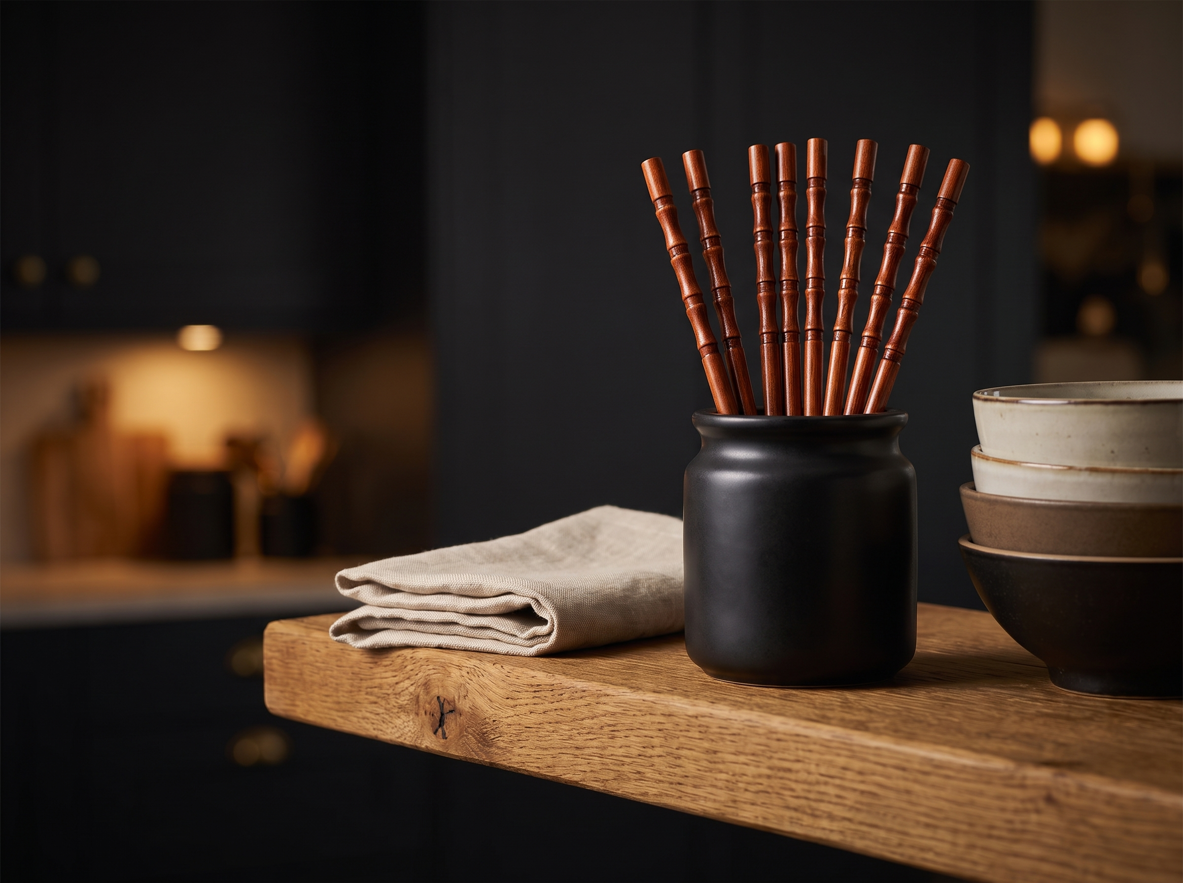 Fired bamboo chopsticks standing in a ceramic crock on a kitchen shelf