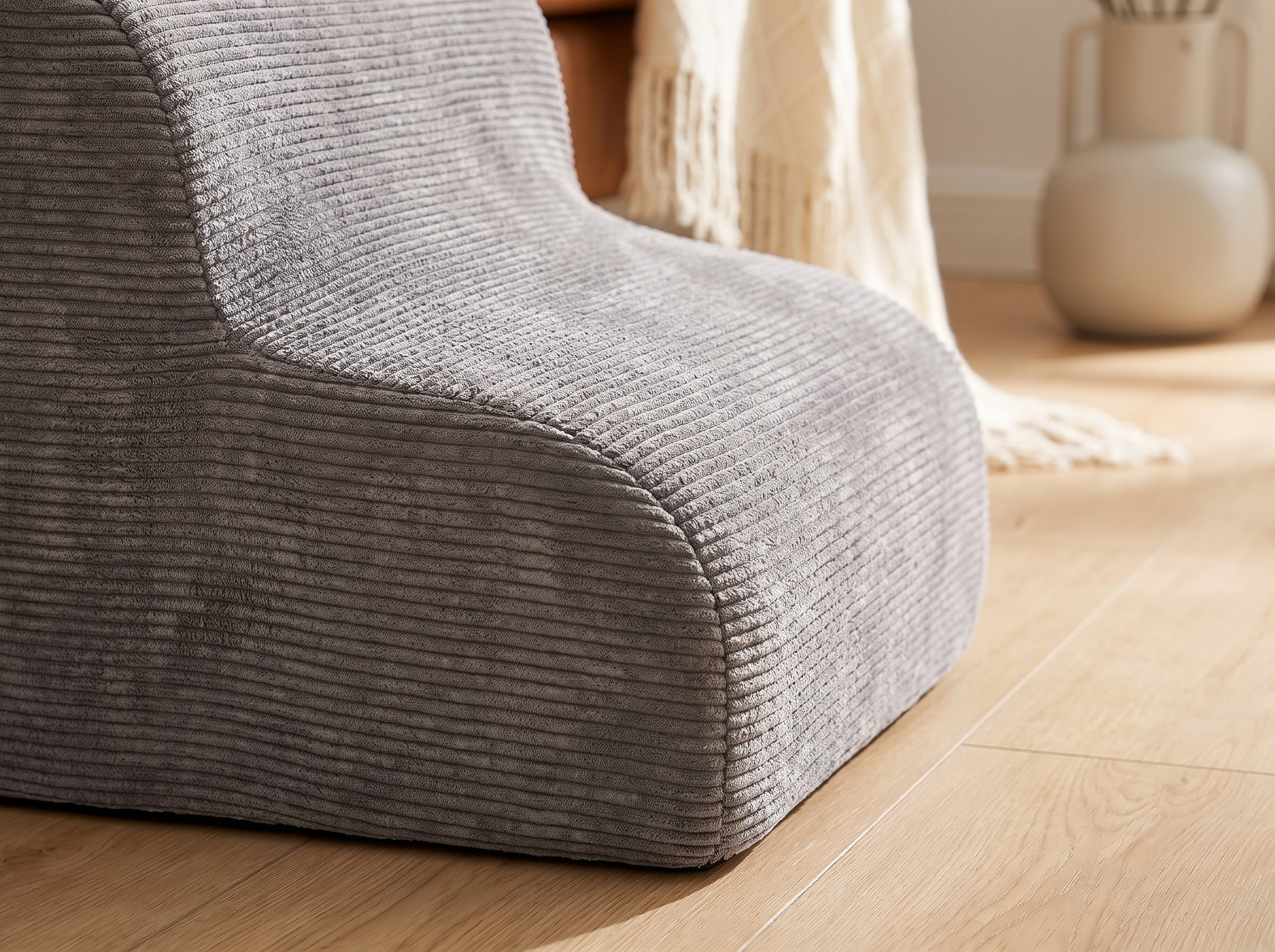 Close detail of the foam pet steps surface texture and curved edge in soft natural light