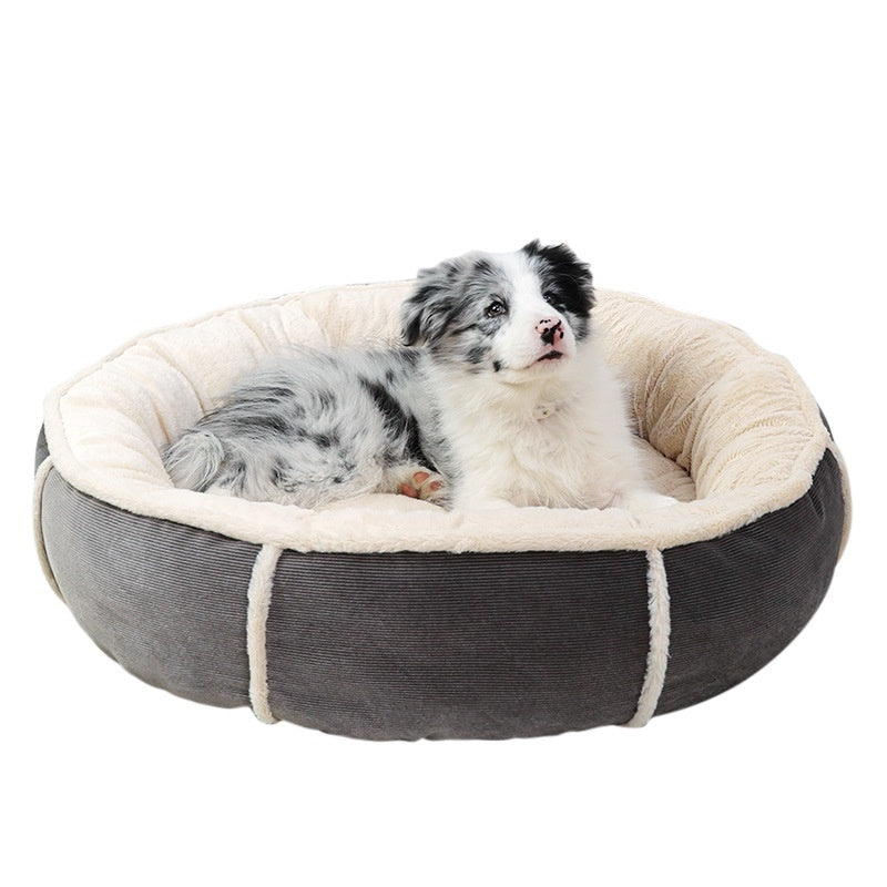 Border collie puppy curled up in the grey round pet bed