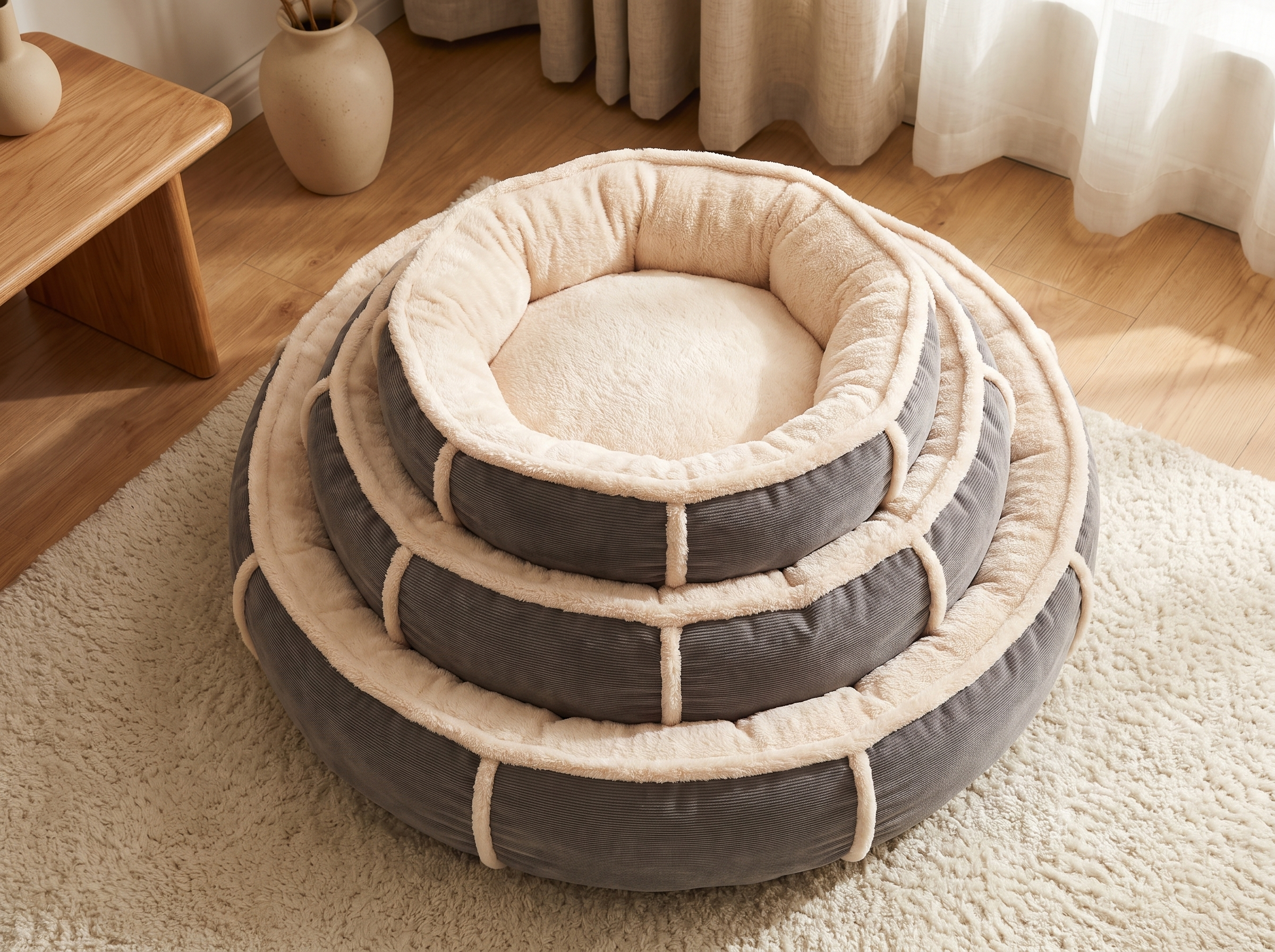 Overhead view of the gray eight sided round pet nest showing its soft raised walls in daylight