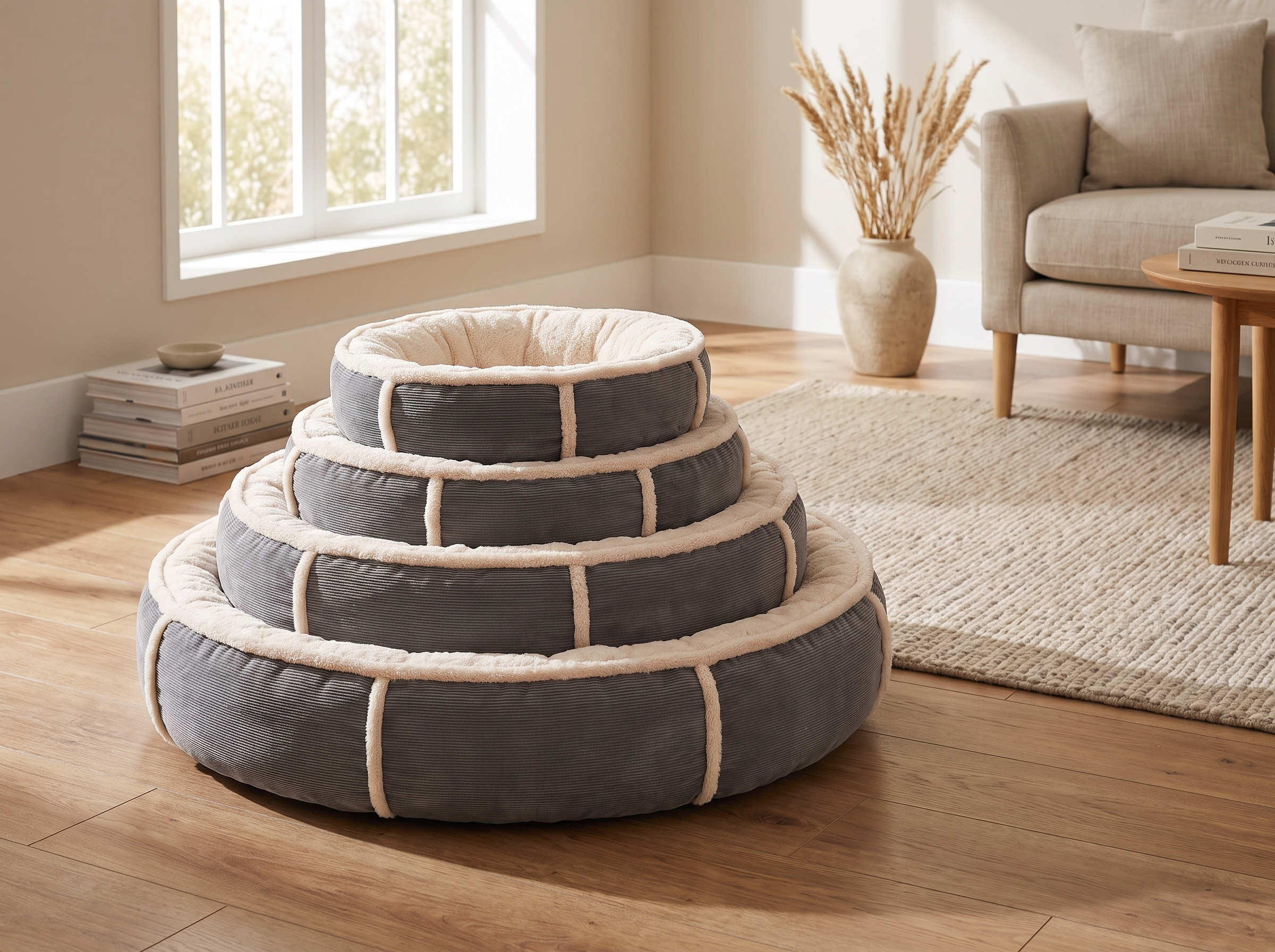 Three round pet nests in graduated sizes arranged on a wooden floor in a bright neutral room