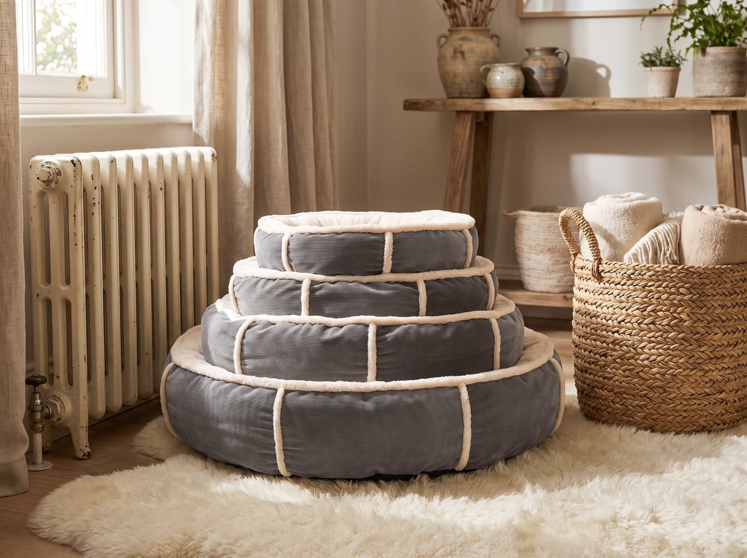 Gray blue round pet nest styled beside a radiator and a woven basket in a warm living room