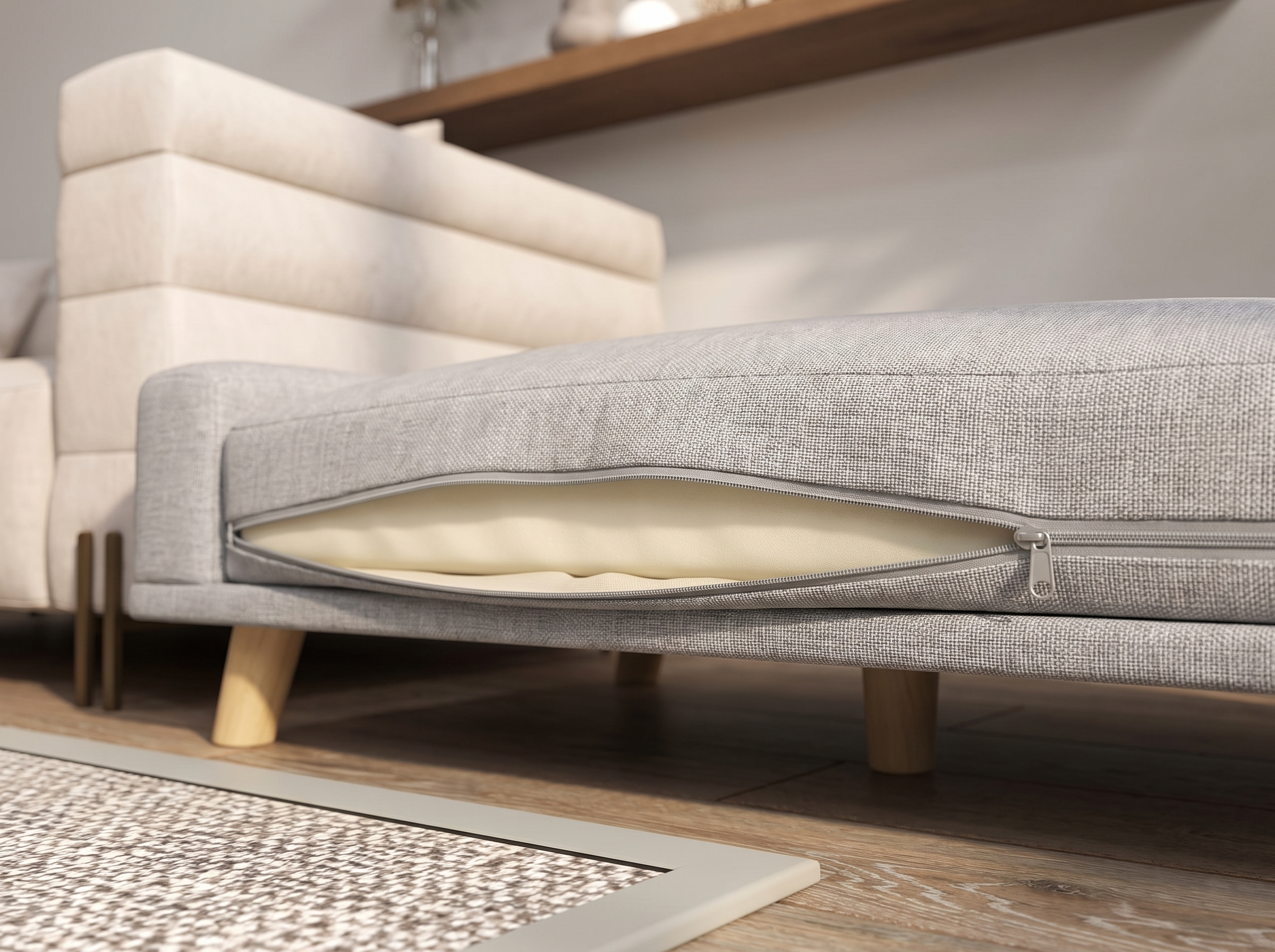 Close view of the gray dog sofa cover zipper partly open showing the cushion beneath in daylight