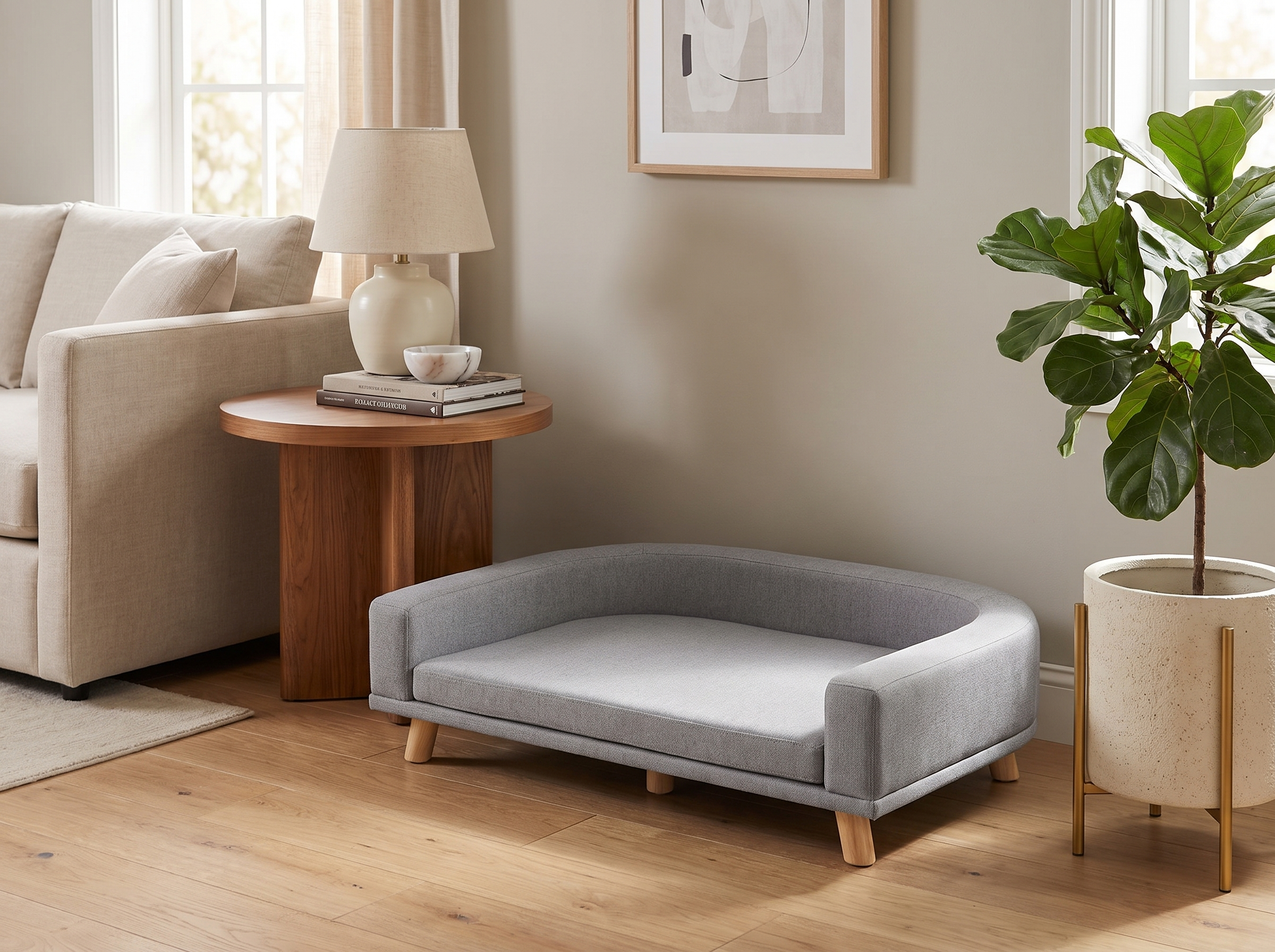 Gray dog sofa couch bed styled in a neutral living room beside a wooden side table and floor plant