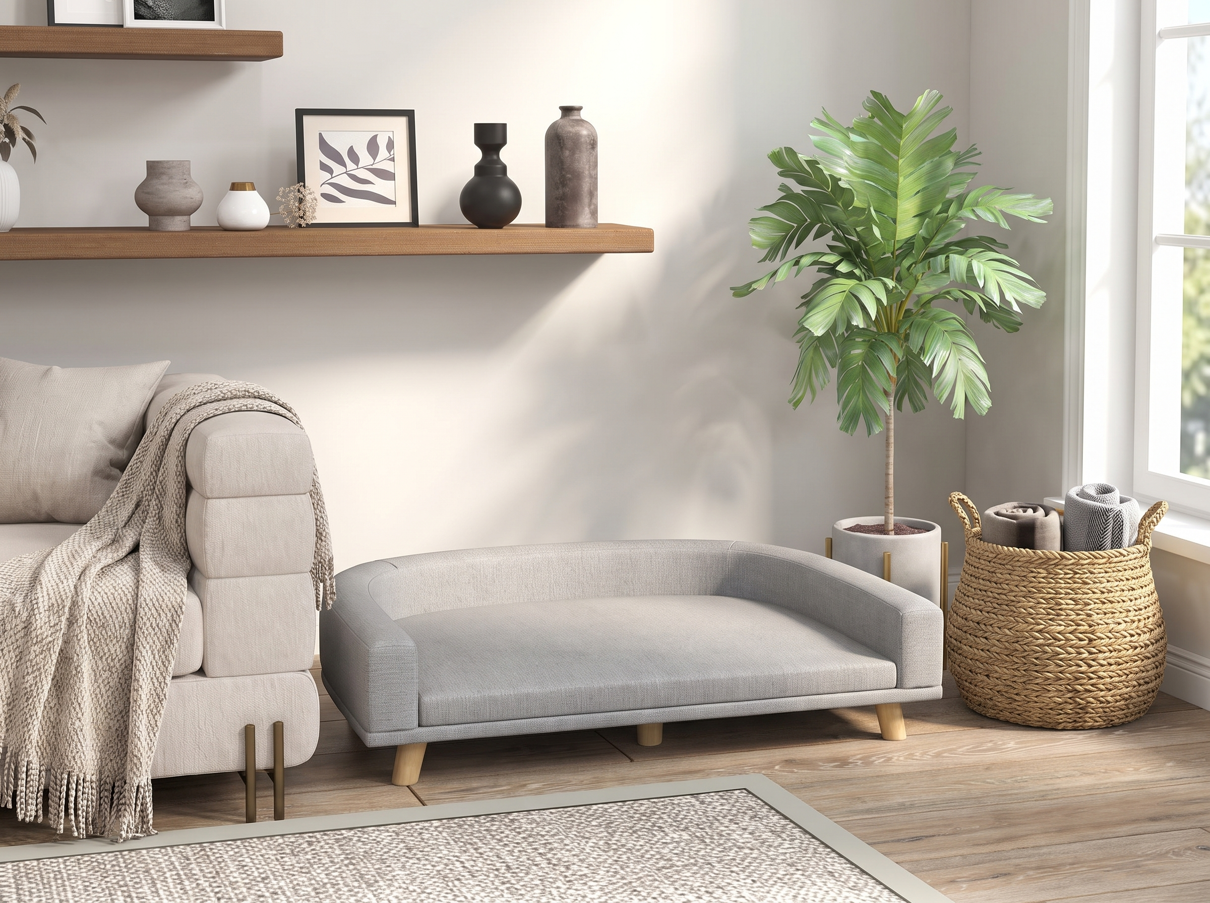 Gray pet sofa photographed in a bright living room next to a linen armchair and woven basket