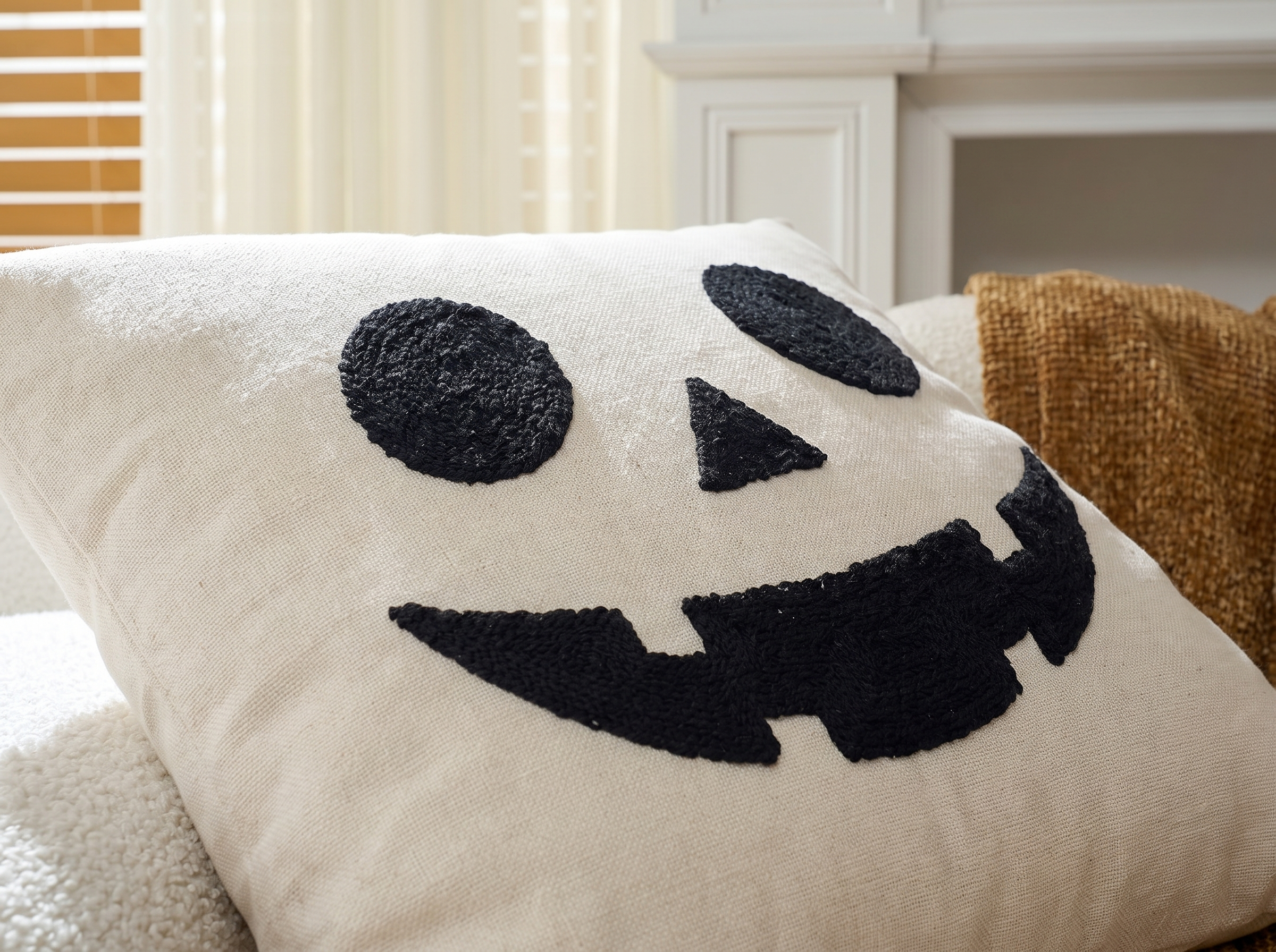 Close detail of the ghost and magic hat print on the cushion cover fabric in soft daylight