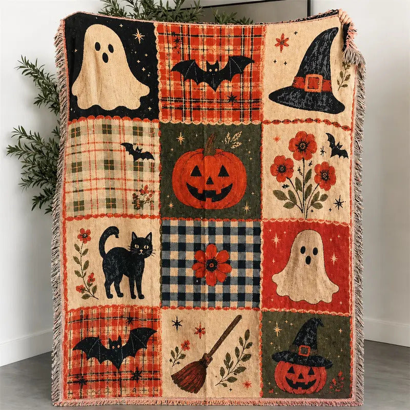 Full view of the Halloween patchwork blanket with cats and pumpkins