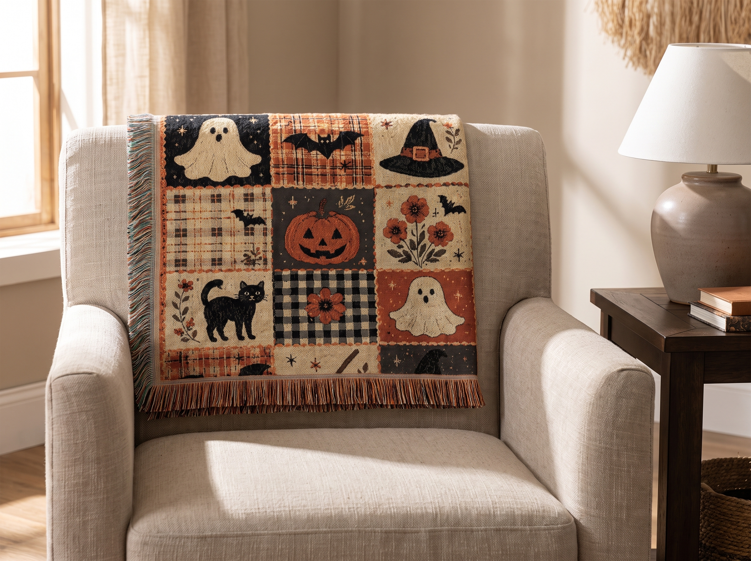 The patterned throw blanket folded neatly over the back of a linen armchair beside a side table
