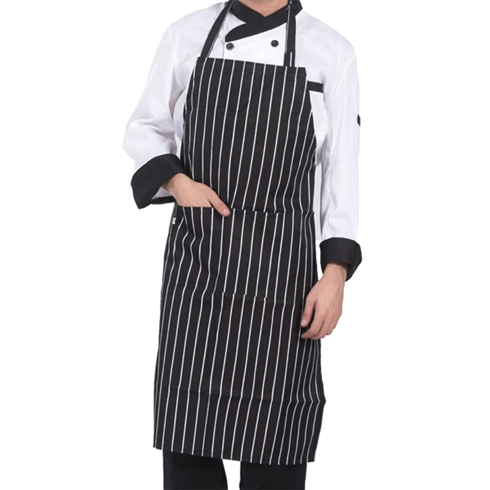 Black and white striped halter neck cooking apron worn with pockets