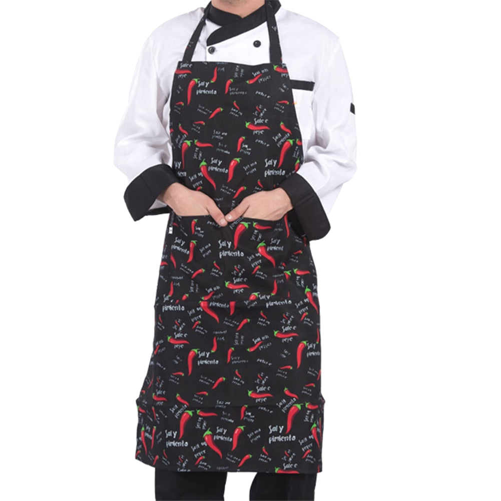 Chilli print halter neck cooking apron with two front pockets