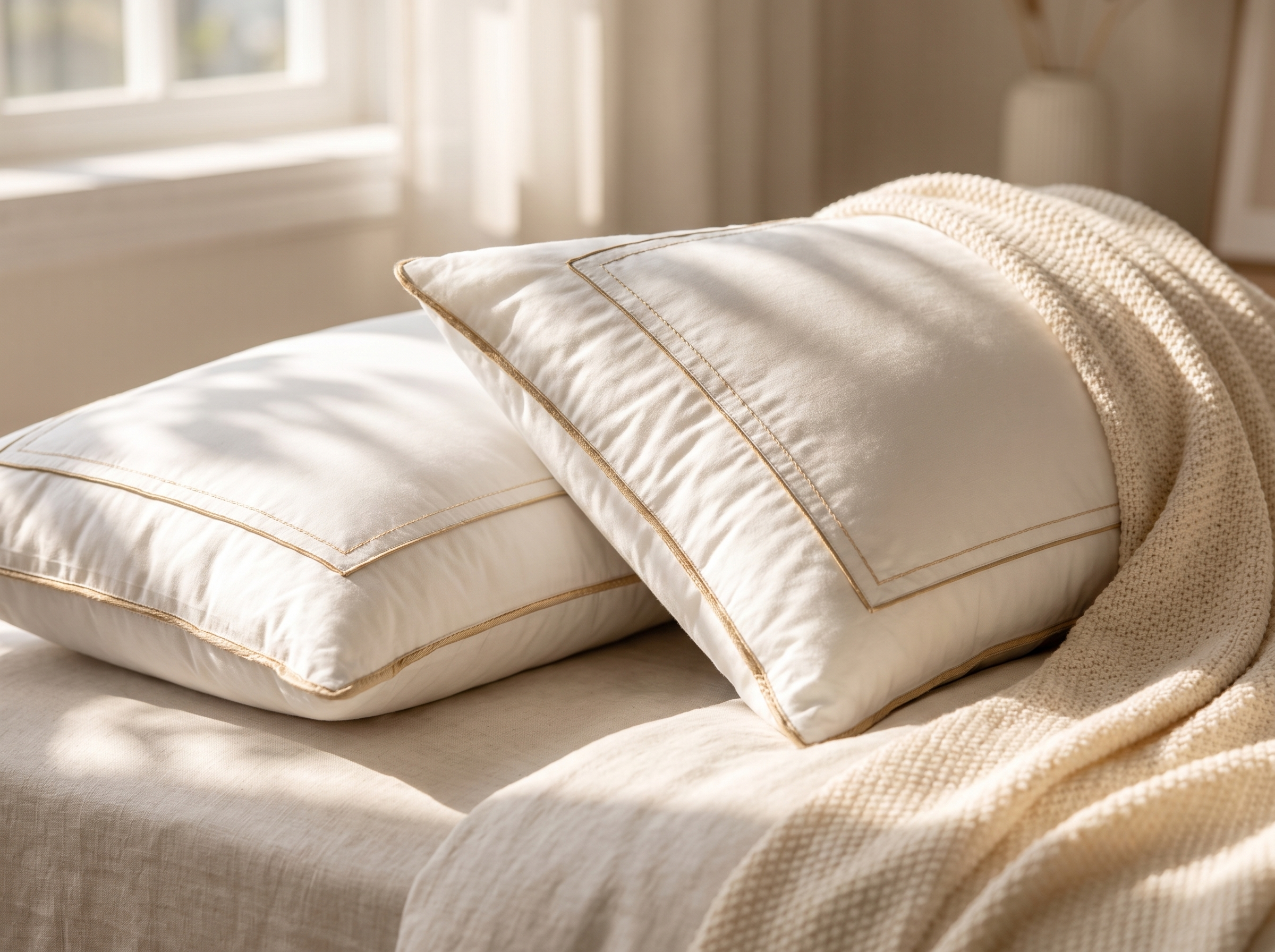 Close detail of a plump white pillow surface with soft shadows and natural window light