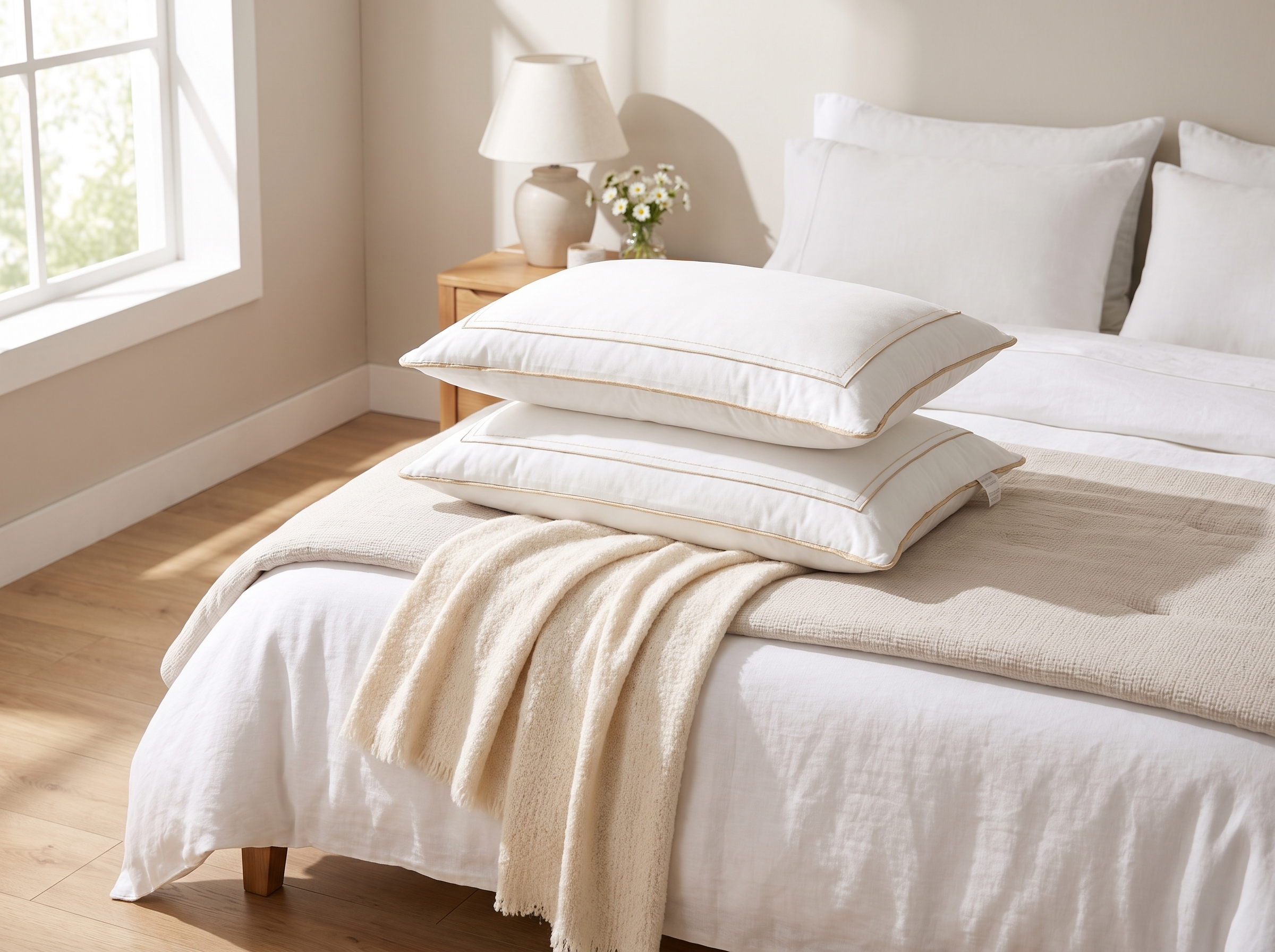 Two thick white hotel style pillows stacked on a neatly made bed in a bright minimal bedroom